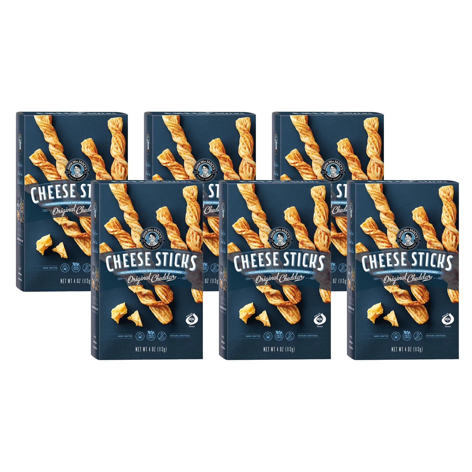 John Wm. Macy's - Original Cheddar CheeseSticks - Hand Crafted, Non GMO, and Nothing Artificial - Made with Real Cheese - 4 oz. Cartons - 6 Pack