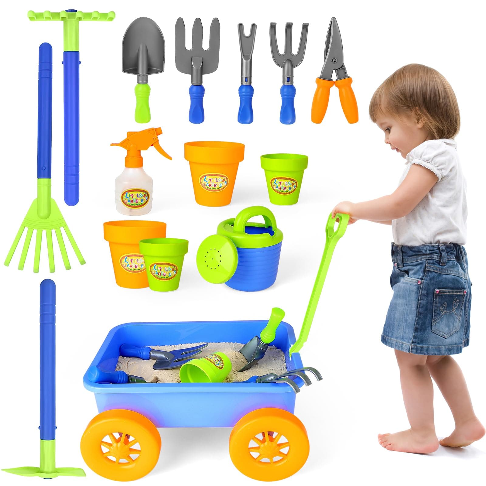 deAO Pull along Kids Wagon Wheelbarrow and Gardening Tools Play Set Includes 10 Accessories and 4 Plant Pots