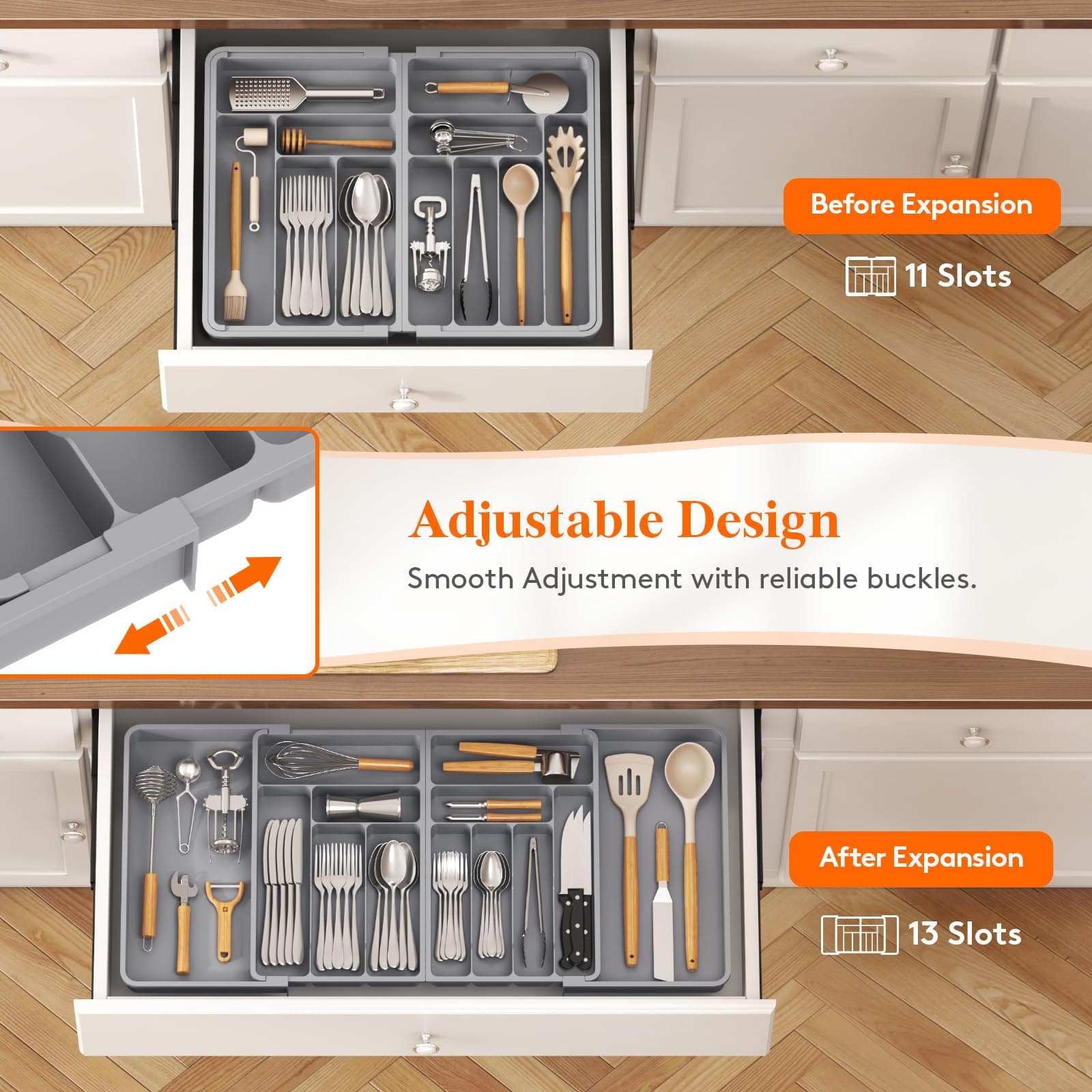 Lifewit Large Silverware Drawer Organizer, Expandable From 21 to 36 Inches, BPA Free Plastic Utensil Tray for Kitchen, Adjustable Flatware and Cutlery Holder for Spoons Forks Knives, Gray