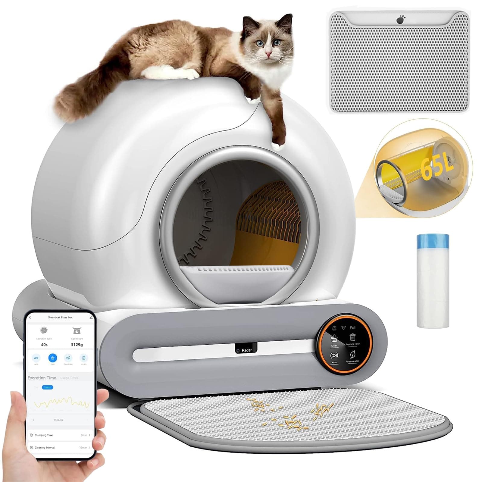 LIODUX Automatic Self-Cleaning Cat Litter Box With Mat, 65L+9L Large Capacity Smart Electric Cleaning Robot for Multiple Cats, App Control
