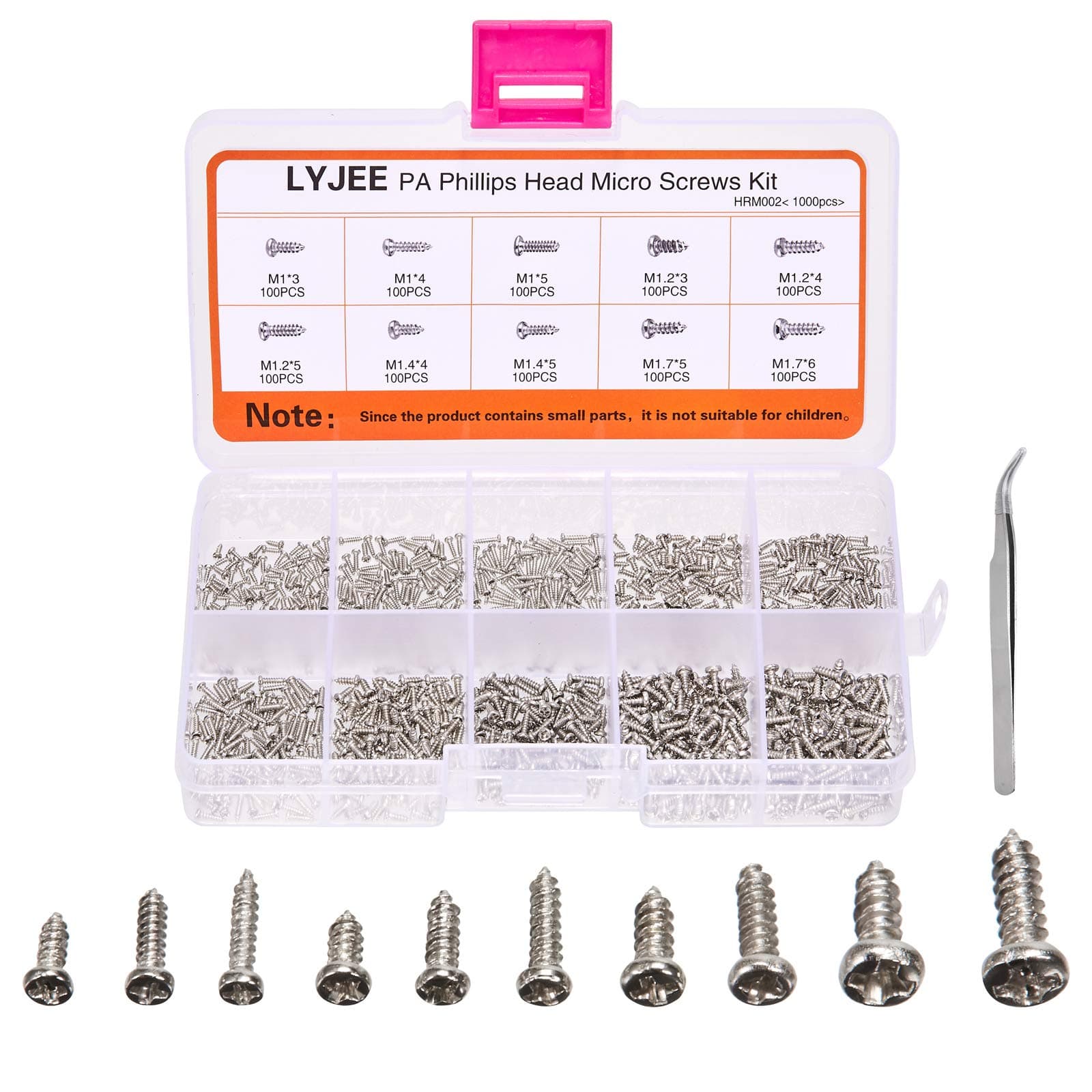 1000Pcs mini Screw kit M1 M1.2 M1.4 M1.7 Phillips pan Head Micro Screws Self-Tapping Electronic Small Metric Screw PA Nickel-Plated