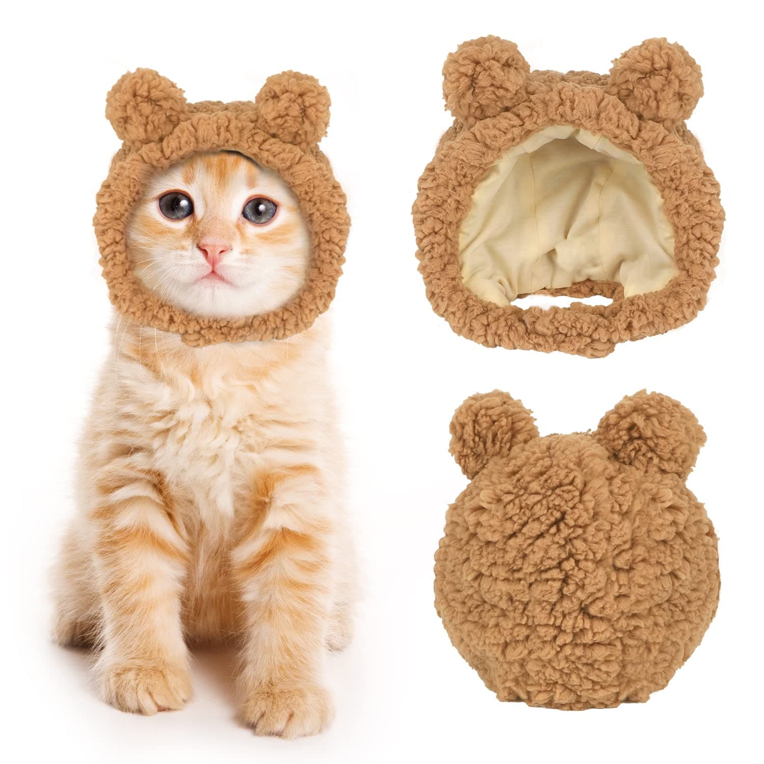 JOICEE Cute Cat Costume Warm Bear Hat Adjustable Soft Small Pet Headwear for Puppy Dog (Brown)