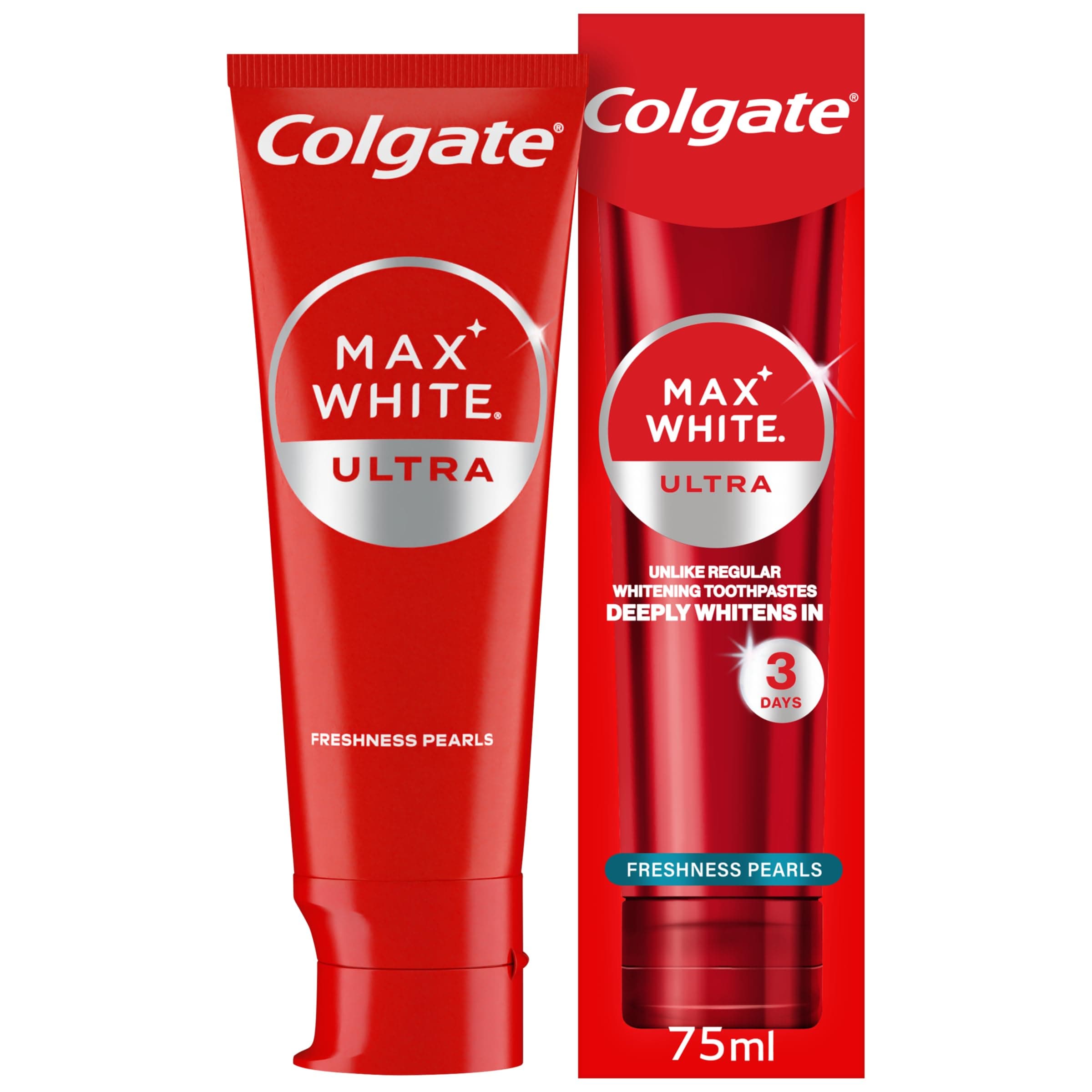 Max White Ultra Freshness Pearls Whitening Toothpaste 75ml - Deeply whitens in just 3 Days - Removes deep-Set Stains - Warming Sensation and Rich Foam - Enamel Safe for Daily use