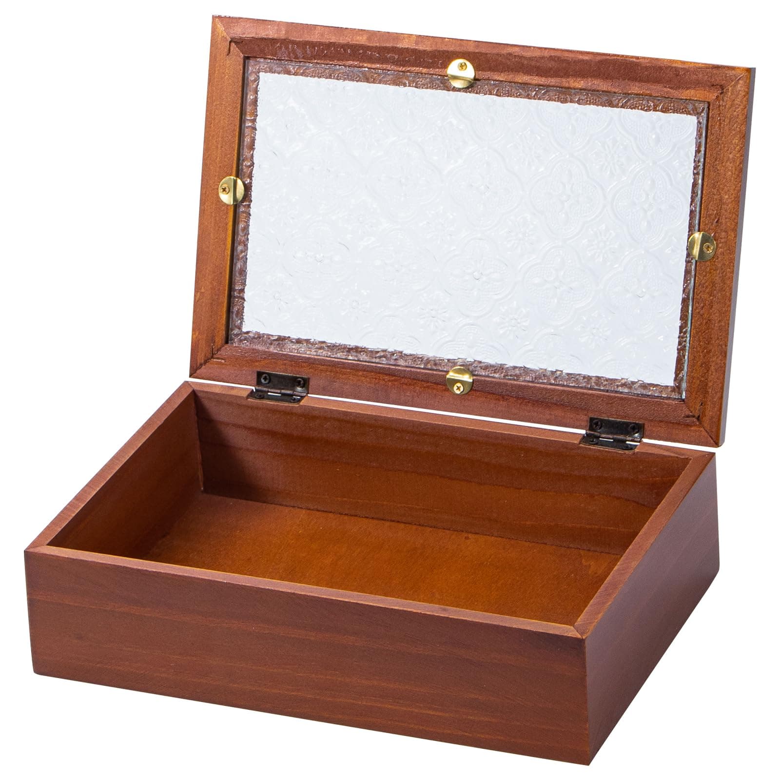 Useekoo Wooden Storage Box Container with Hinged Glass Lid & Front Clasp, 9.2”x4.7”x2.7” Vintage Wood Keepsake Boxes, Rustic Memory Gift Box for Jewelry, Wedding, Peals(Brown)
