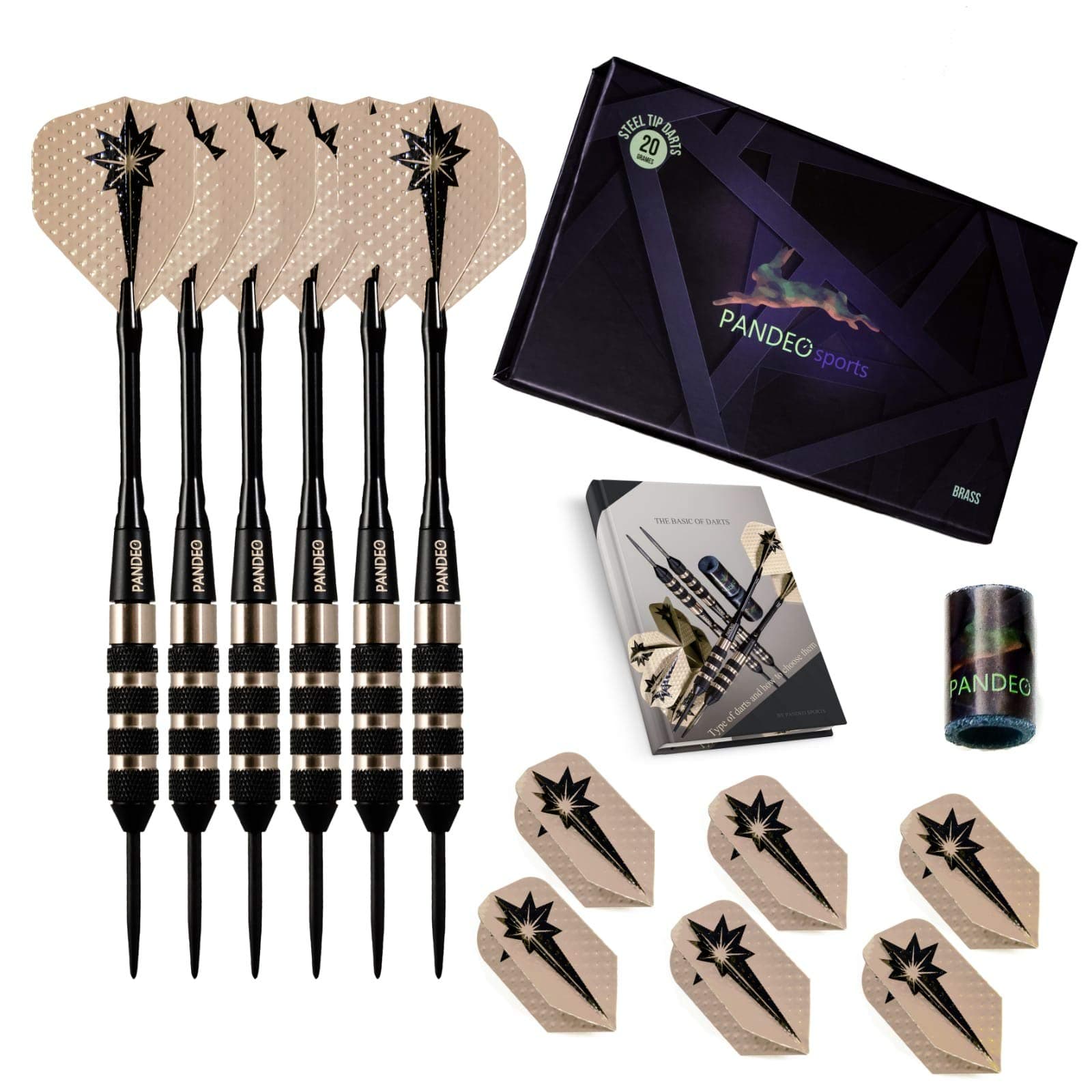 Darts Steel Tip Set Professional - 6 Pack - Darts with 20 Grams Brass Barrel - Aluminum Shafts - 2 Style Flights -6 Slim Shape & 6 Standard Shape - Darts Sharpener +Free e-Book + Premium Storage Case