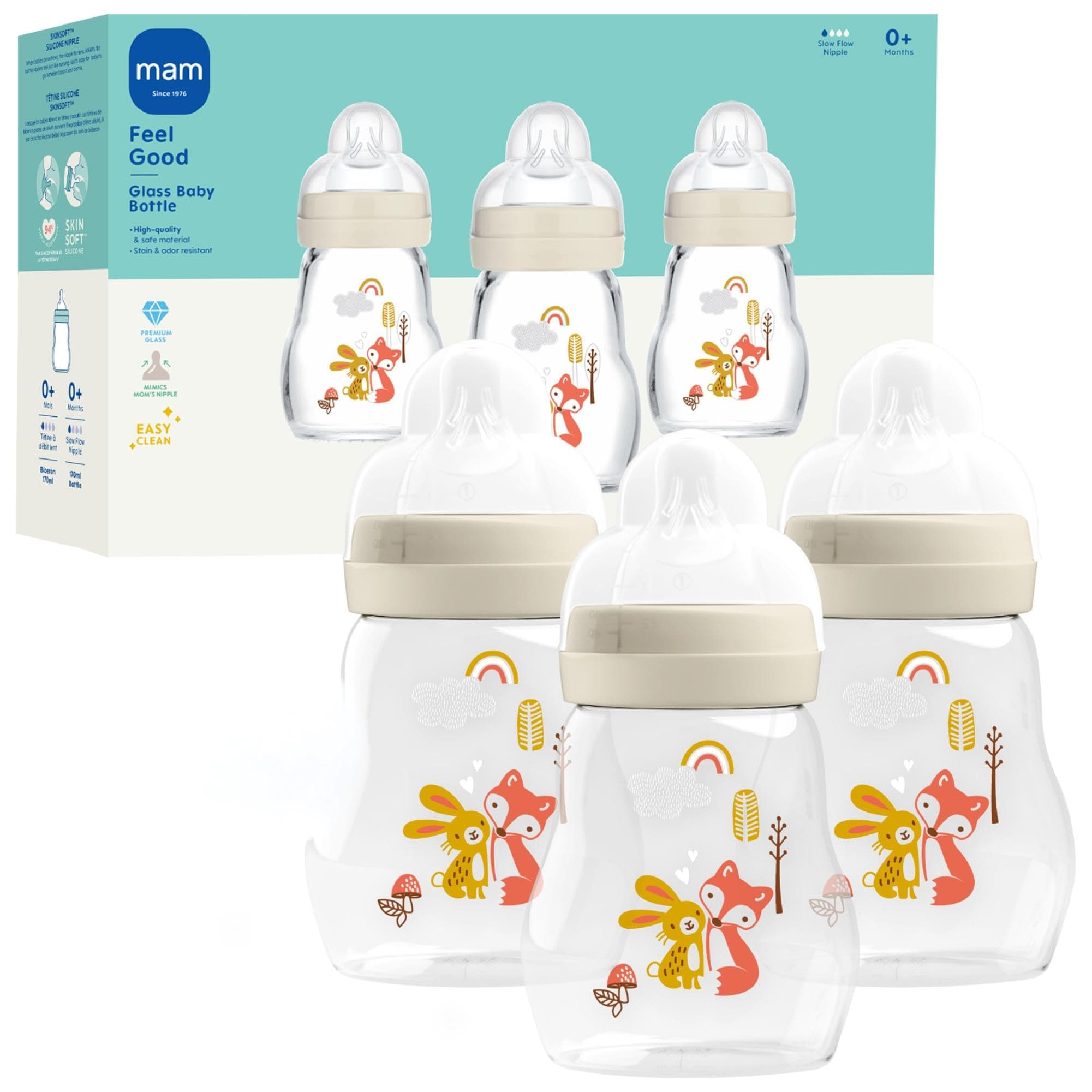 MAM Feel Good Slow Flow Premium Glass Bottle, Easy Switch Between Breast and Bottle, 5oz, 0+ Months, Unisex, 3 Pack