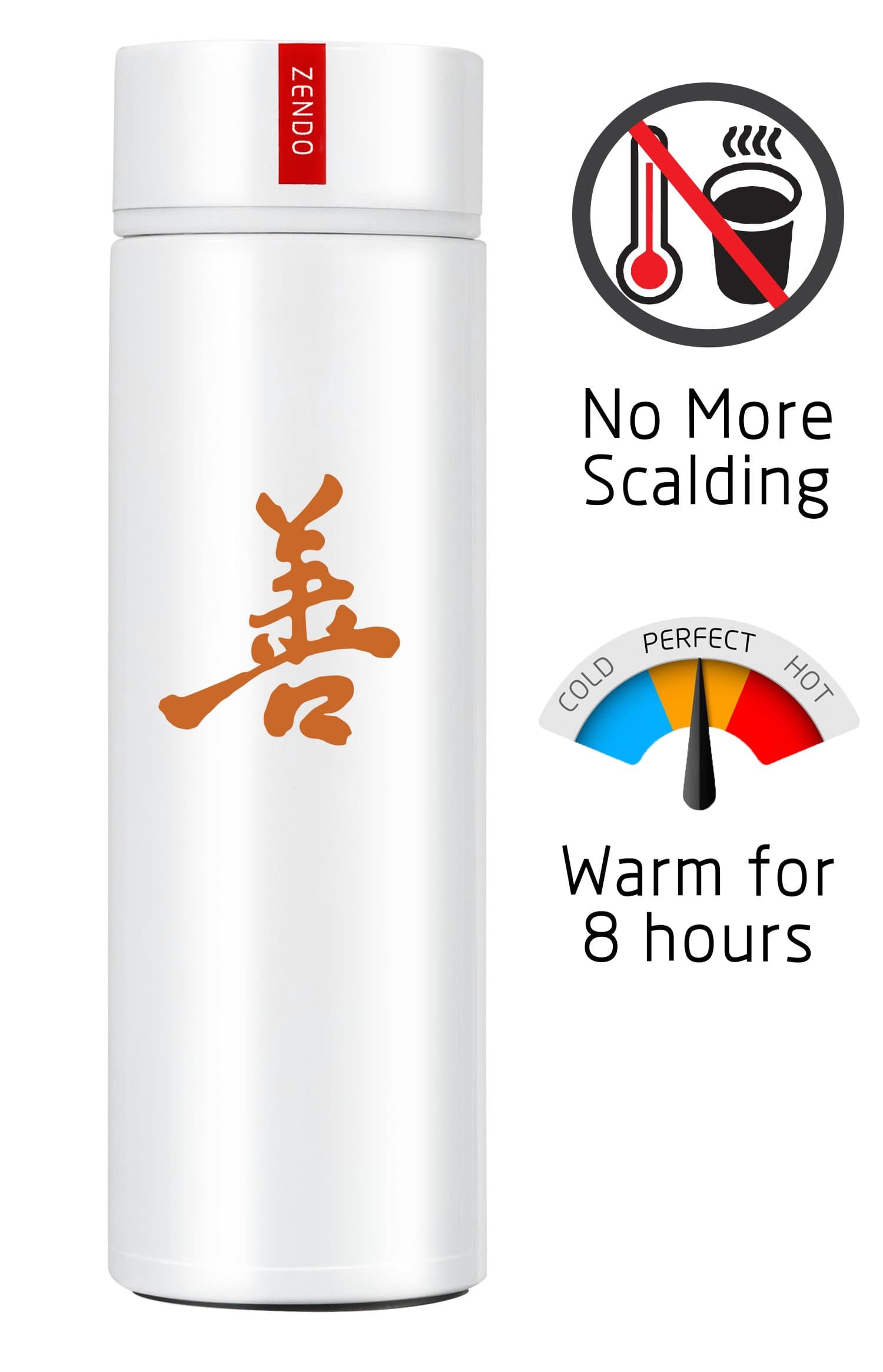 ZENDO Perfect Temperature Smart Mug. Cools Coffee Instantly To Drinking Temperature. Vacuum Sealed Copper Insulated Travel Tumbler. (White)