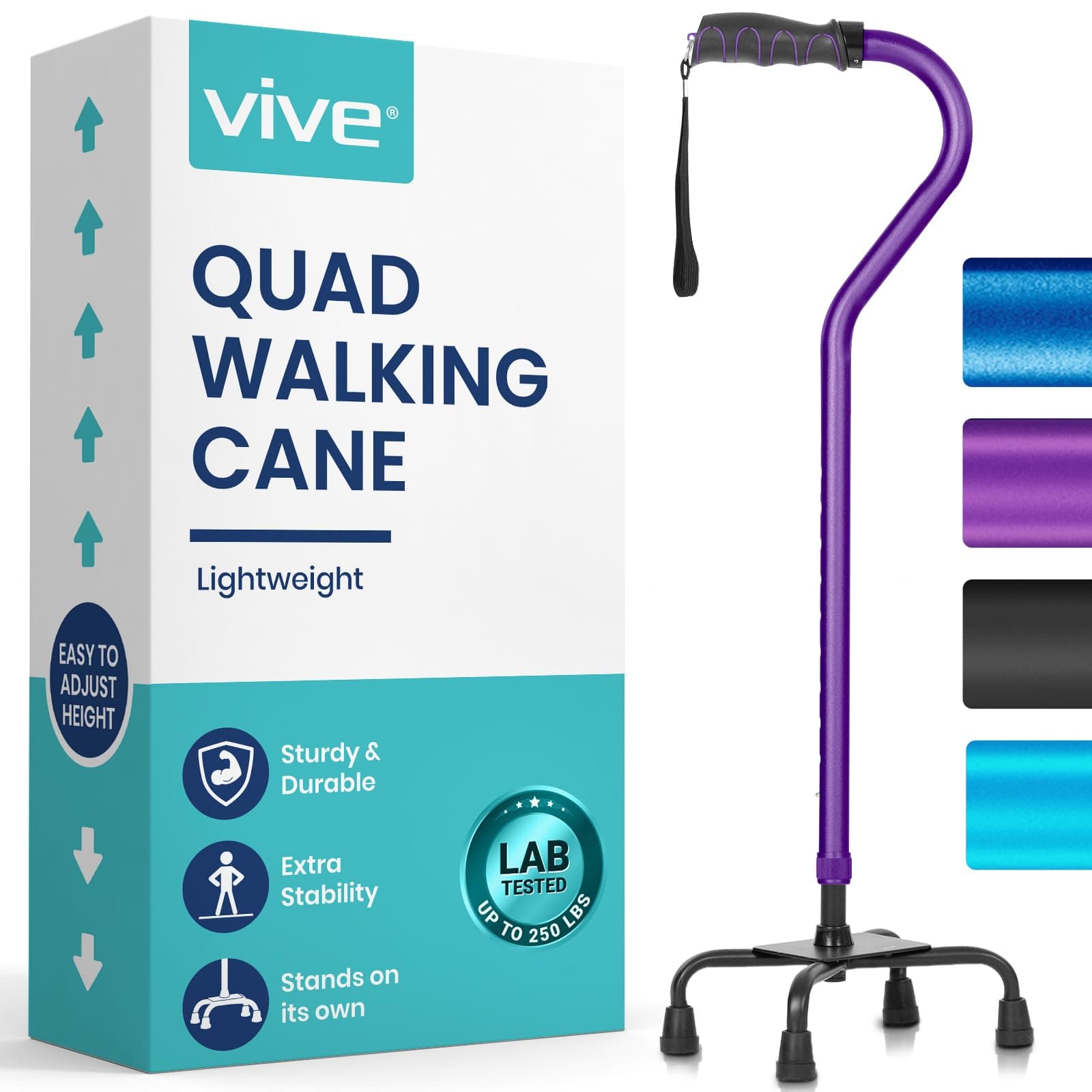 Vive Quad Cane Walking Stick Lightweight Adjustable Staff Comfortable Right And Left Hand Grip For Stability Support Four Prong Sturdy Aluminum Travel Aid 4 Tip One Size Purple