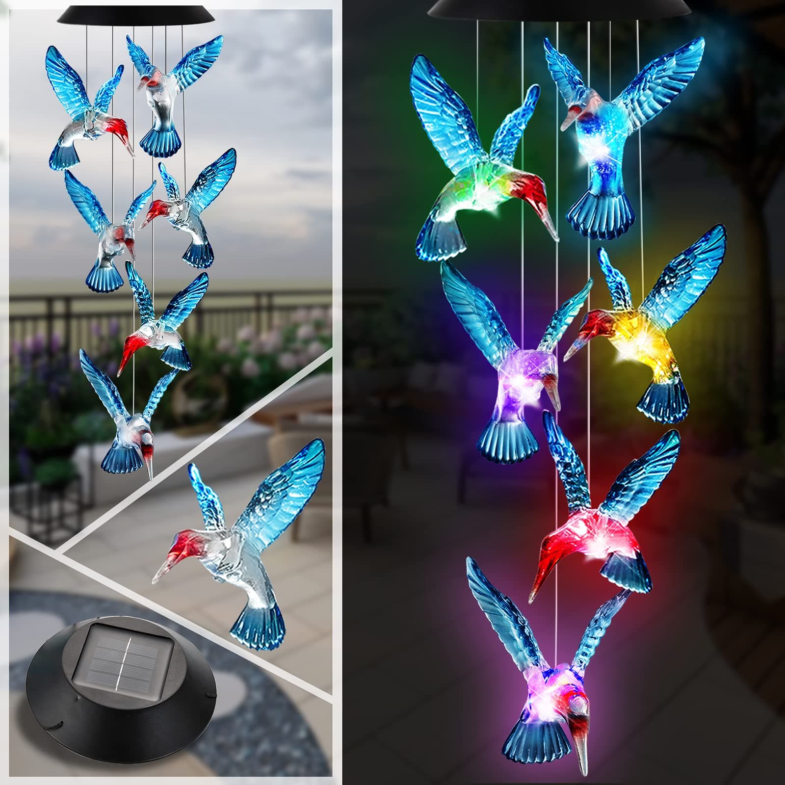 Solar Wind Chimes - Outdoor Color Changing Light Up Wind Chimes - Memorial & Birthday Gifts for Mom - Hummingbird Design (Blue)