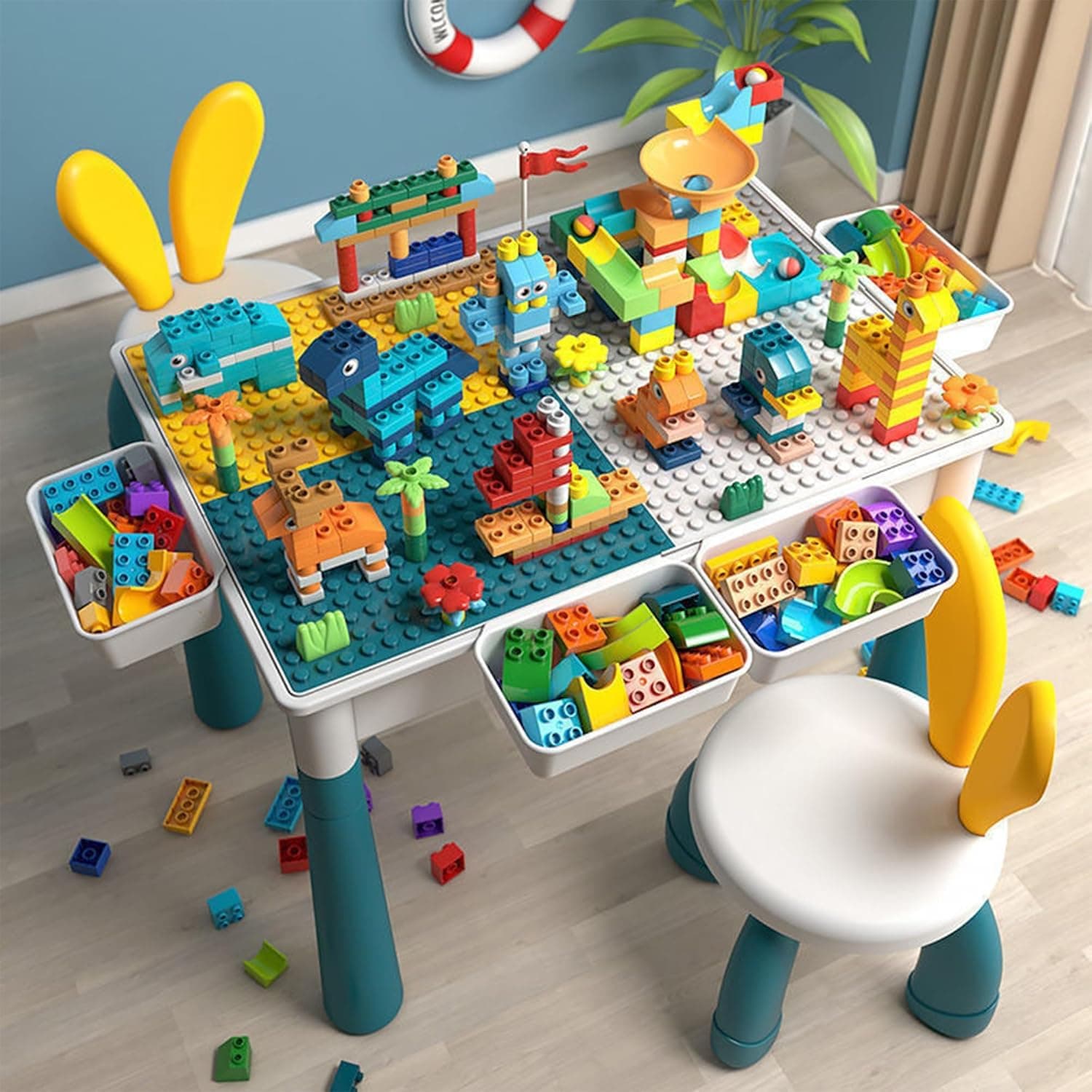 LTLCLZ Kids Multi-Functional Educational Block Table and 2 Chair Set( 506pcs building blocks 4 storage boxes)– Kids Multi Activity Building Block Table Toy with Storage; kids study table and chair