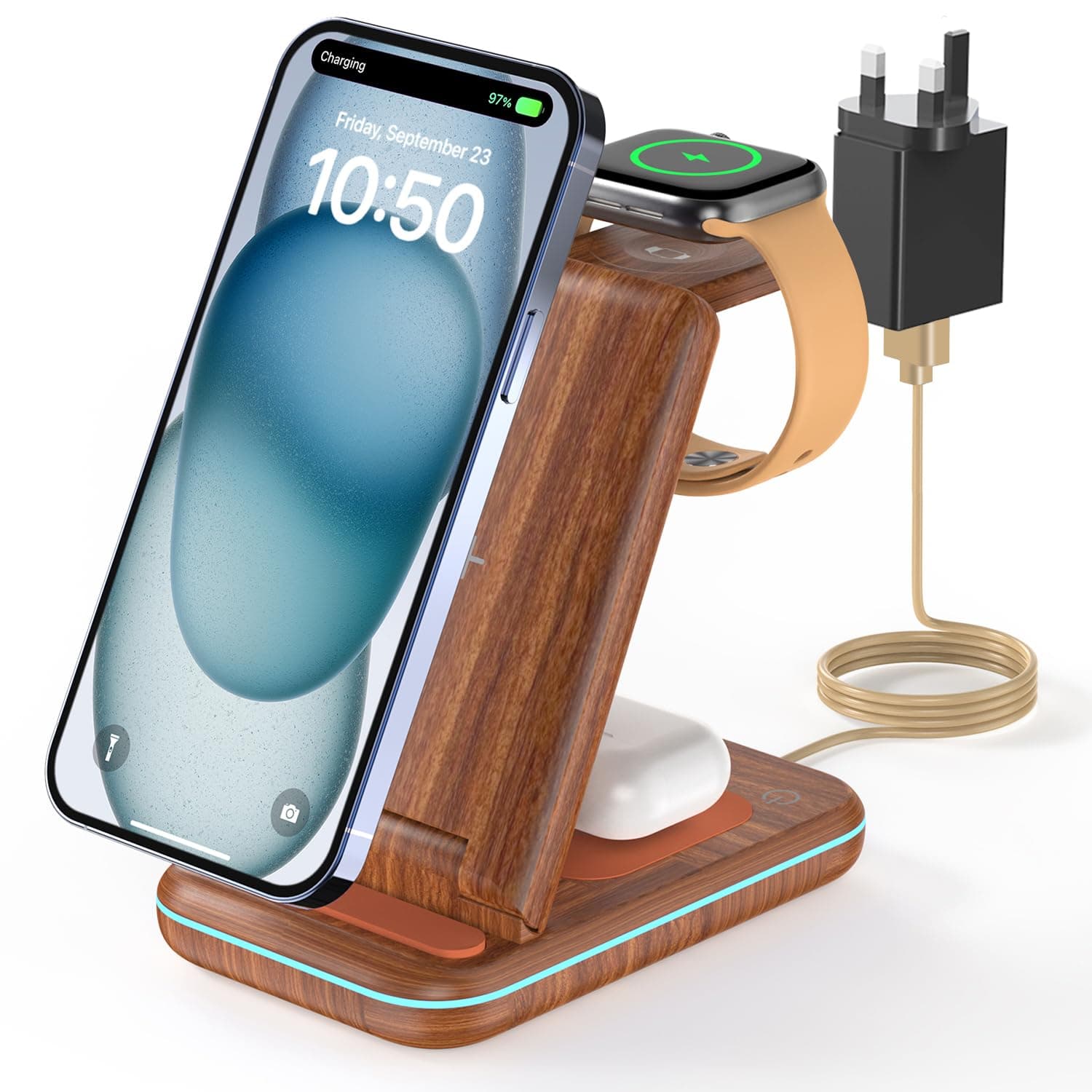 3 in 1 Foldable Wireless Charging Station for i Phone 15/14/13/12/11/Pro Max/X/8, Phone Charger Stand for iWatch Ultra2/9/8/7/6/5/4, Wireless Charger Docking AirPods 3/Pro/Pro 2,Burly Wood