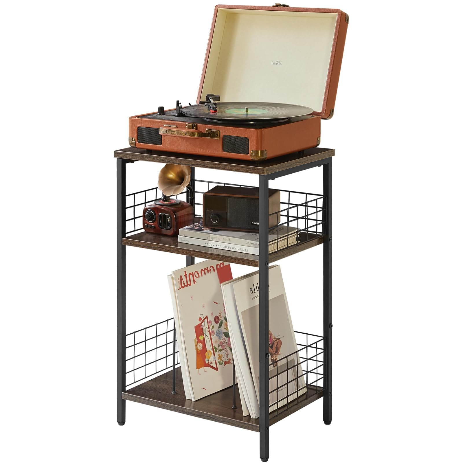YMYNY 3 Tier End Table, Small Side Table, Record Player Stand, Up to 100 Albums, Mid-Century Record Player Holder Display Shelf, for Living Room, Bedroom, Office,Gray, 24.6H, UHST009G