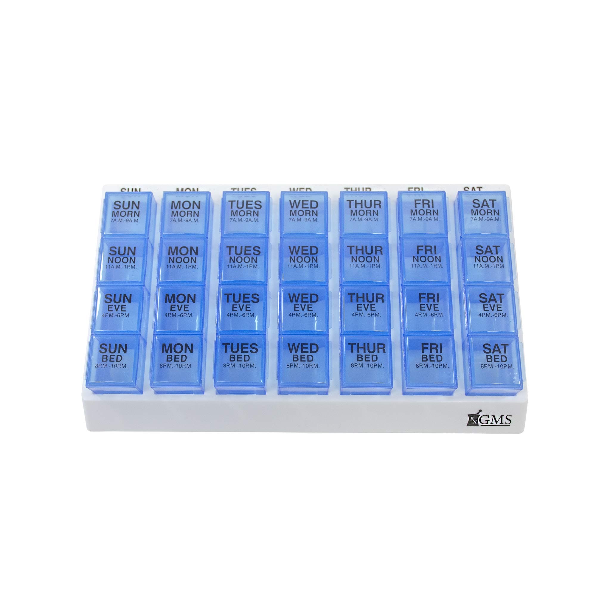 GMS 4 Times Per Day Weekly Slant Tray Pill Organizer – Includes 7 Removable Pill Boxes Designed for Reminding and Organizing Medications, Supplements, and Prescriptions (Blue Box in White Tray)