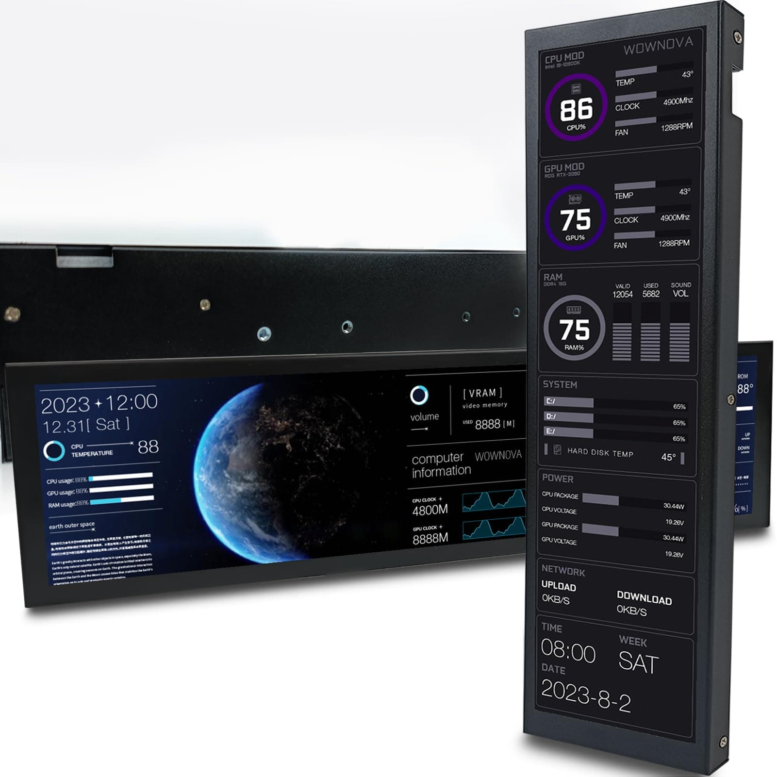 WOWNOVA 8.8" Computer Temp Monitor (Dynamic Theme Supported), 1 Click 1 Cable to Get Started Quickly PC Temperature Display Sensor Panel IPS Mini Secondary Screen CPU RAM HDD Data FPS Monitor (Black)