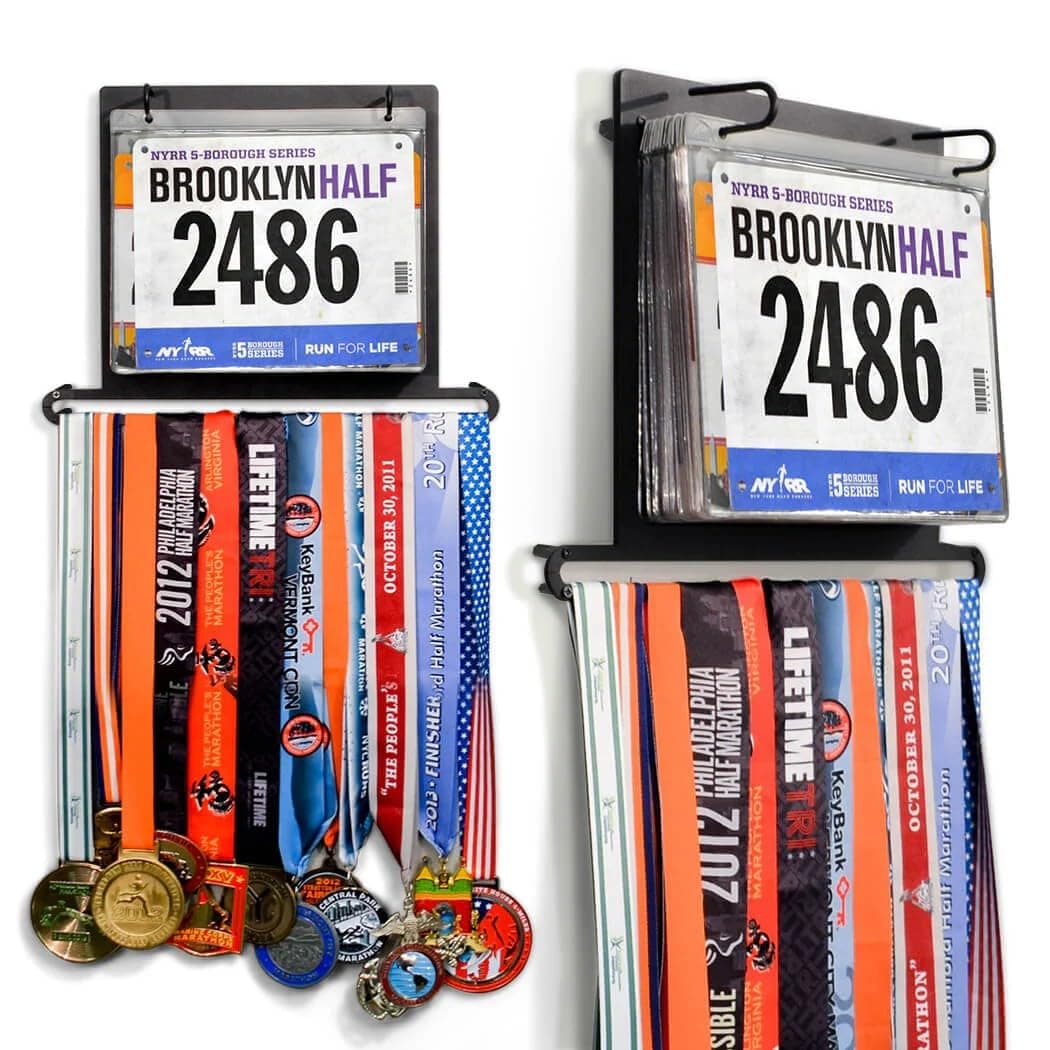 Gone For a Run BibFOLIO Plus Race Bib and Medal Display - Wall-Mounted Race Bib Hanger & Marathon Medal Holder for Runners with Protective Sleeves - Plus (Holds 24 Medals & 100 Bibs)