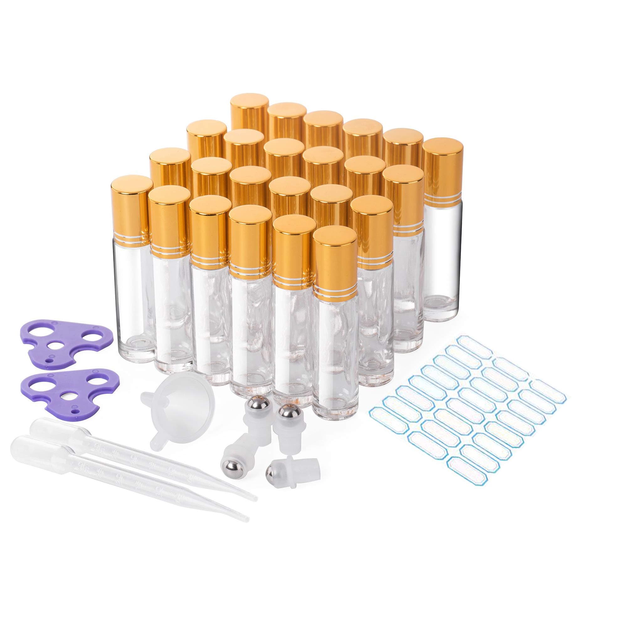 Essential Oil Roller Bottles 10ml, Essential Clear Glass Roller Bottles For Traveling, Perfume Cosmetic Liquid with Gold Cap, 24 Pack, Extra Stainless Steel Balls, Labels, Opener, Funnel