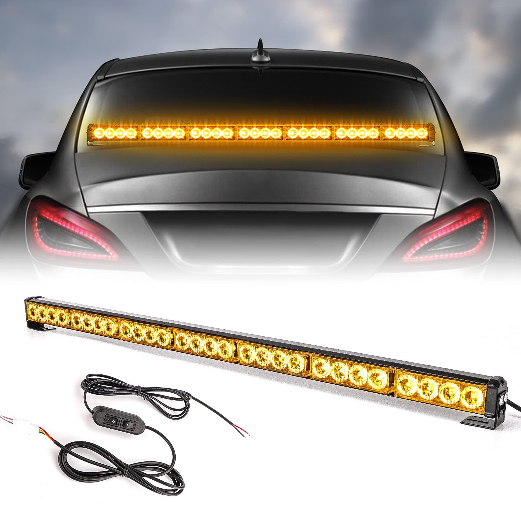 SMALLFATW Emergency Light Strobe Light Bar 32" 28 LED High Intensity 13 Flashing Modes Aluminium Housing Super Bright Waterproof Adjustable Bracket Strobe Light for Cars Trucks Vehicles, Amber