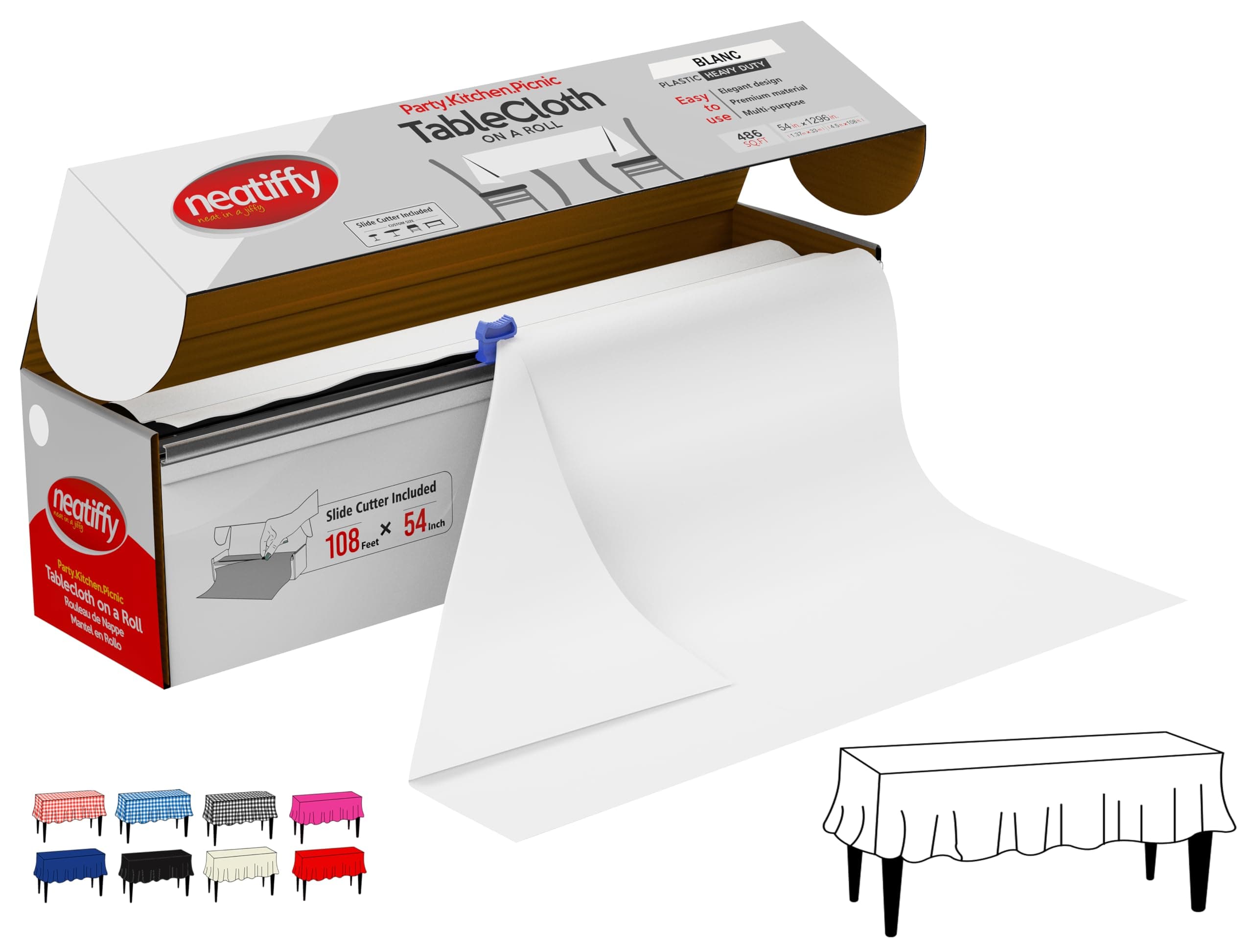 Neatiffy Disposable Plastic Table Cloth Roll | 54 in x 108 Ft Waterproof Tablecloth | Table Cover for Rectangle, Square, Round Oval Tables | Picnic, Party, Banquet, Birthdays, Weddings - White