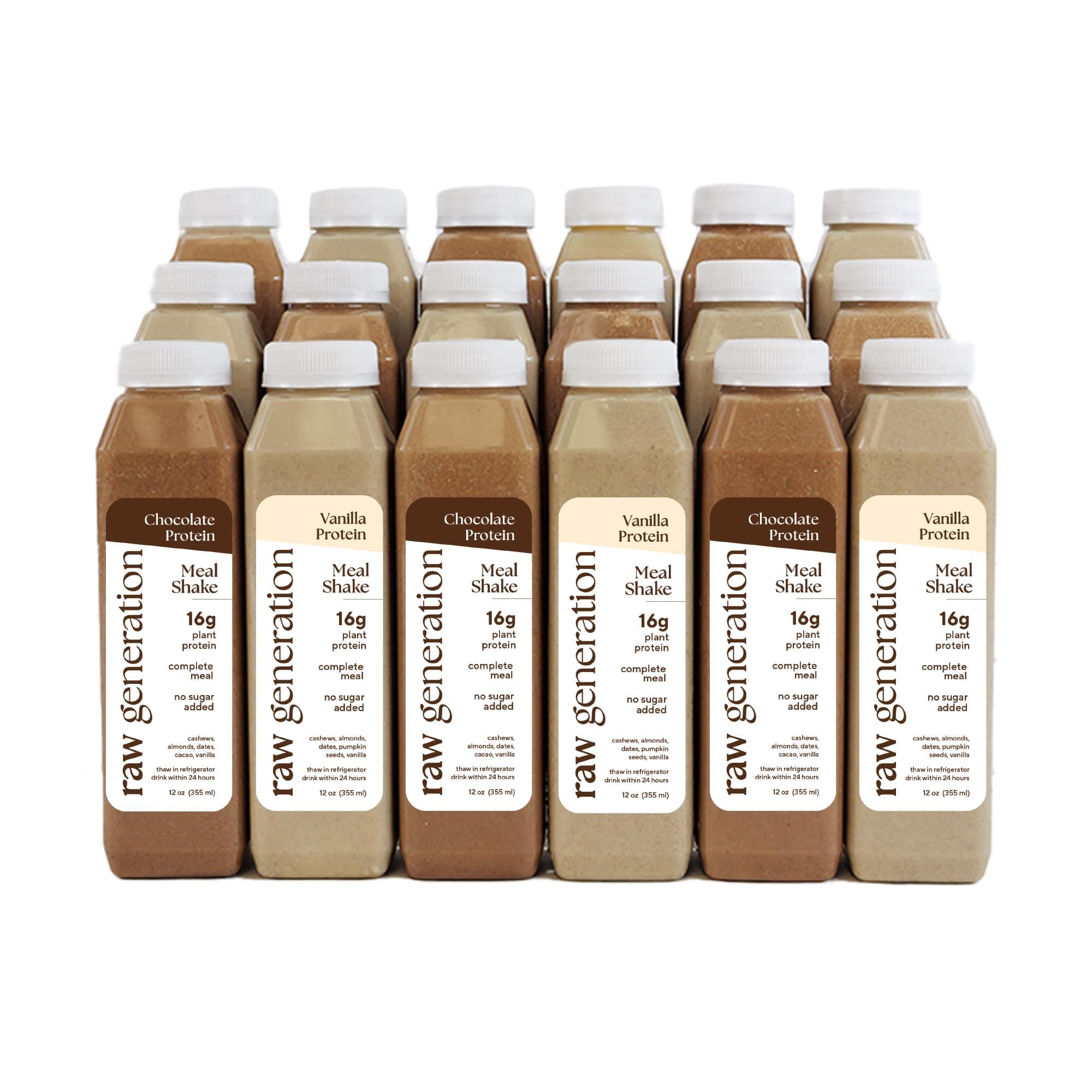 Raw Generation18-Pack Meal Replacement Shakes - Organic Plant Based Protein Drinks/No Added Sugar/High-Protein, Gluten-Free, Vegan, Non-GMO/Essential Vitamins & Minerals/Just 5 Ingredients