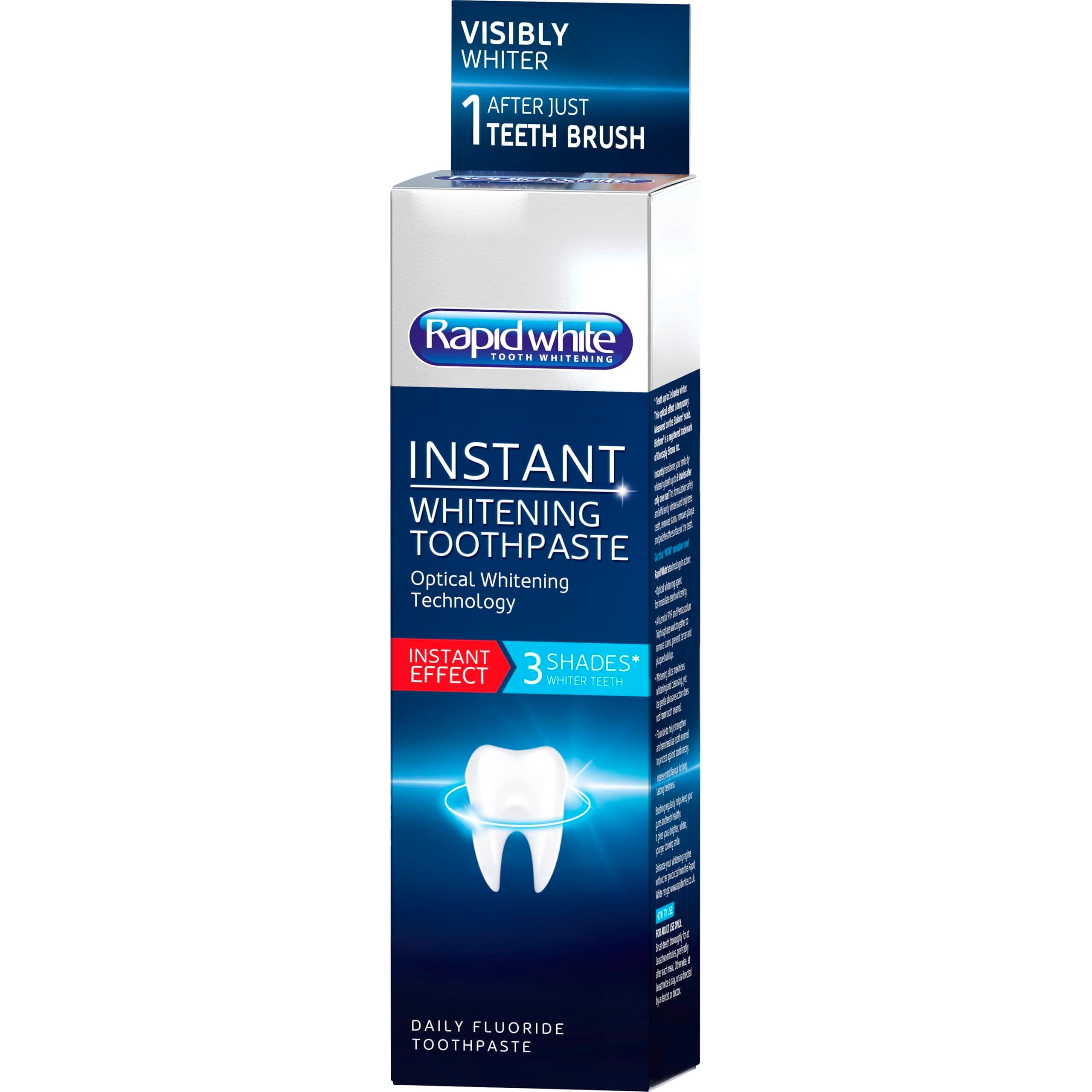 Rapid White Instant Whitening Toothpaste 75ml | Remove Stains, Prevents Tartar and Plaque Build-up | Contains Fluoride to Protect Against Tooth Decay | Intense Mint Flavour for Lasting Freshness
