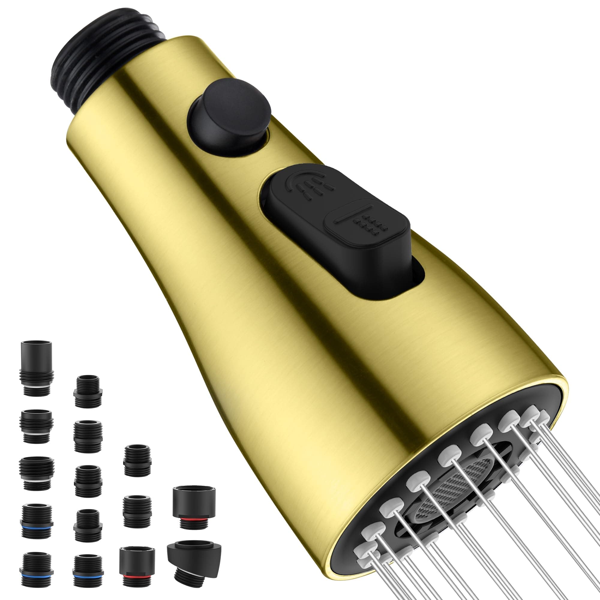 Pull Down Faucet Spray Head with 15 Adapters - Kitchen Sink Faucet Replacement 3 Function, Brushed Gold