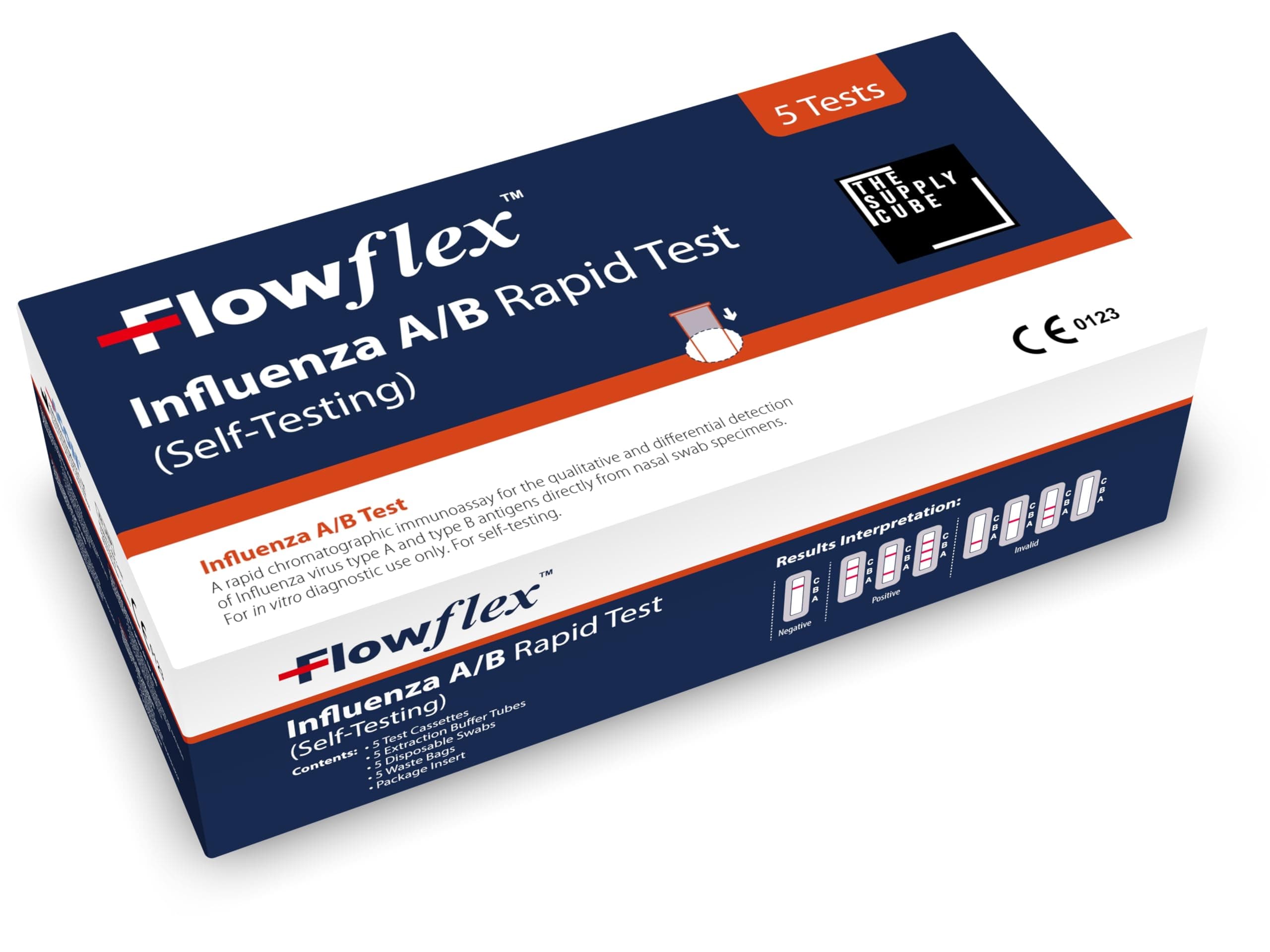 Supply Cube Influenza A/B Rapid Test Kit - Easy to Use Self Testing Influenza Flu Virus Test Kit - One Step Test for Flu - Quick Self Test at Home with Nasal Swab - 5 Pack