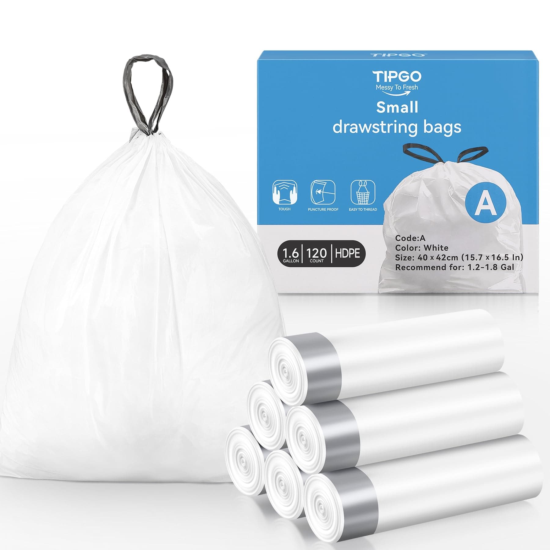 TIPGO Small Trash Bags Drawstring 1.6 Gallon, Pre-Cut Mini Garbage Bags for 1.2-1.8 Gallon Trash Bins, 120 Count (Code A)