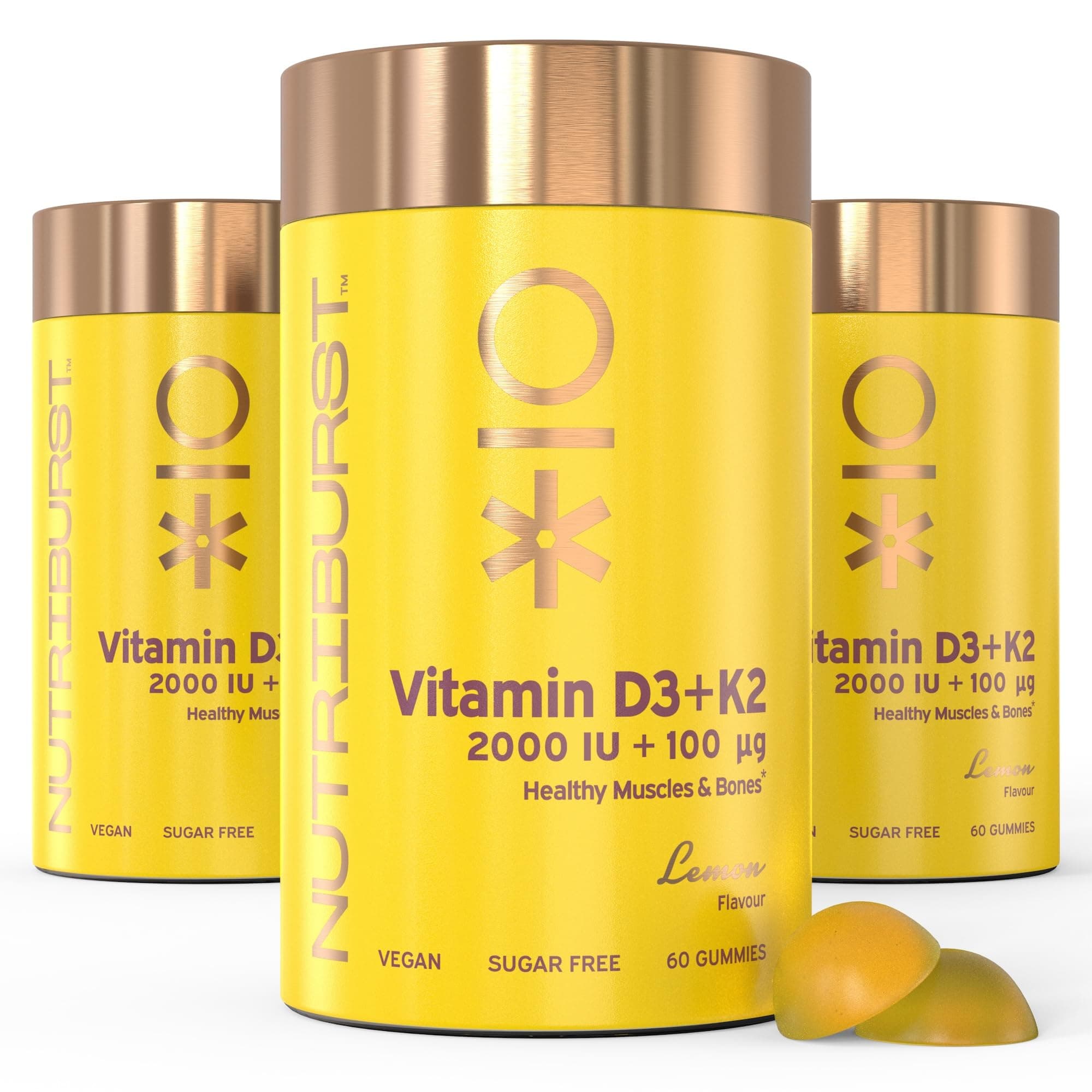 Vitamin D3 (200IU) + K2 (100µg) Multipack - Essential Nutrients to Support Bone Health, Skeletal & Immune Function - Vegan & Sugar Free - 180 Lemon Gummies - 3 Month Supply