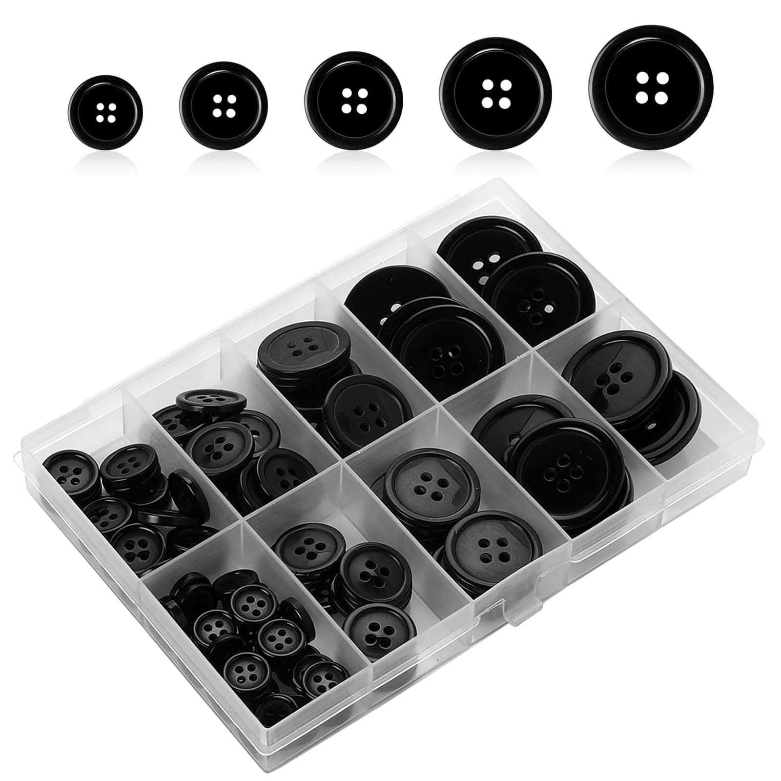 YHT 100PCS Sewing Buttons with Storage Box,4-Hole Round Resin for Clothes Kniting,Kids Crafts DIY,Crafting Handmade,Black