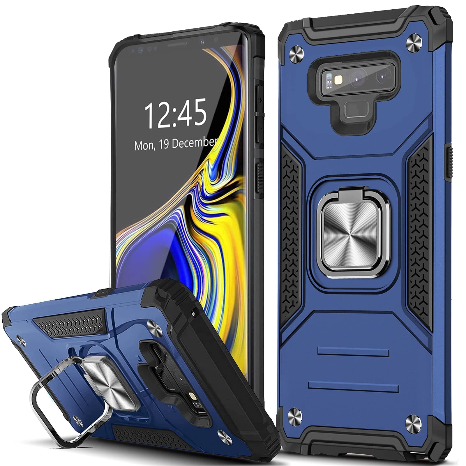 AUPAI Compatible with Samsung Galaxy Note 9 Case with Glass Screen Protector, Heavy Duty 15ft Drop d Shockproof Cover with Ring Kickstand for Samsung Galaxy Note 9, Blue