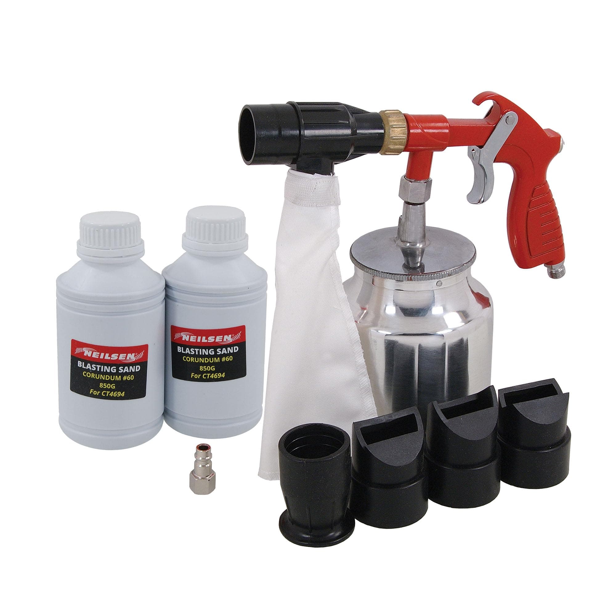 Neilsen CT4694 Air Sandblaster Gun Kit 6-8 Bar 90-116psi 6.5cfm 1/4in BSP with Surface Inside Outside Corner Panel Spot Nozzles 2 x 850g Corundum Sand