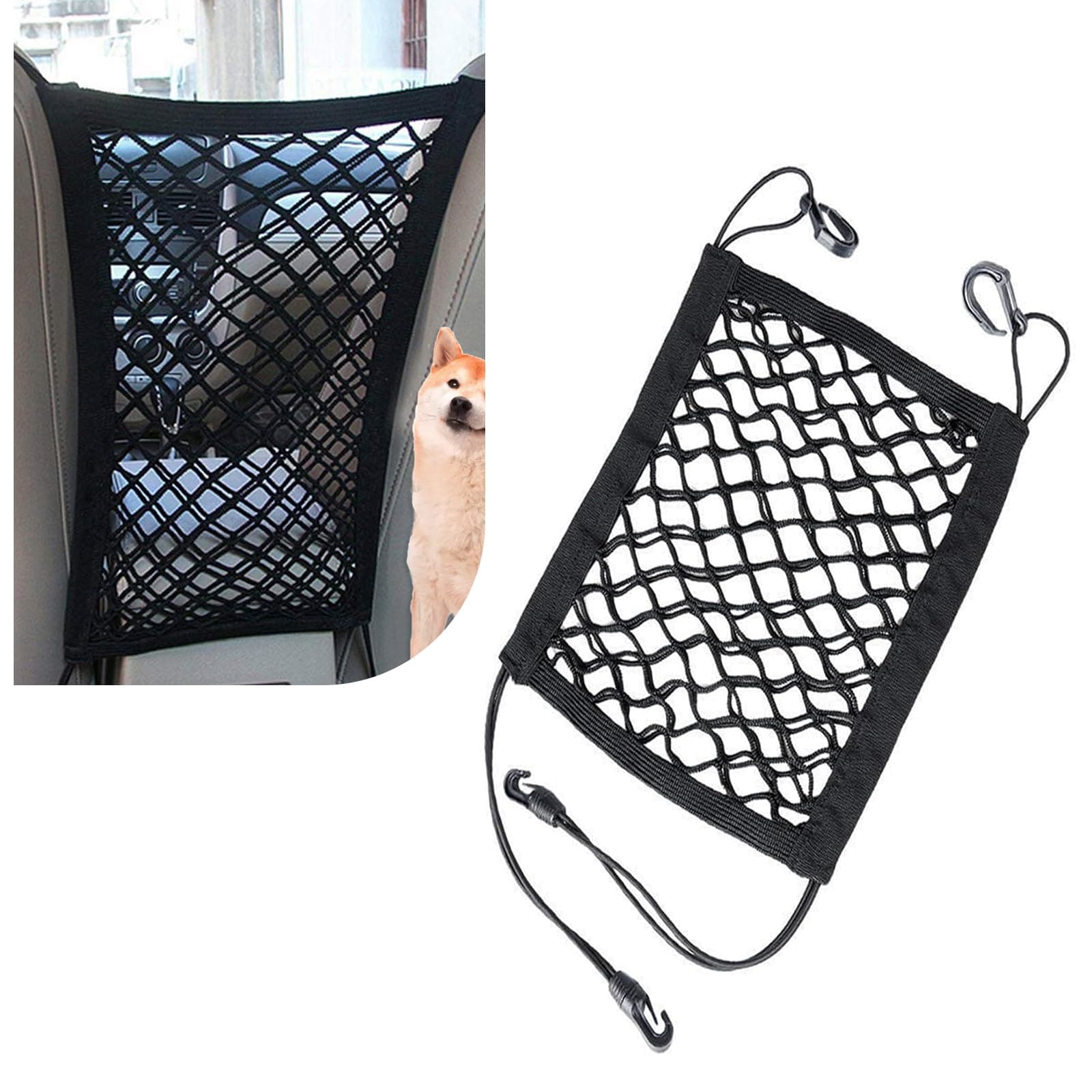 1 PC Car Front Seat Pet Barrier Net, 11.4 x 10.2 Dog Anti-Falling Retractable Elastic Protector, Doublelayer Thick Mesh Ventilable Visible Safety Divider, Universal Travel Accessory (Black)