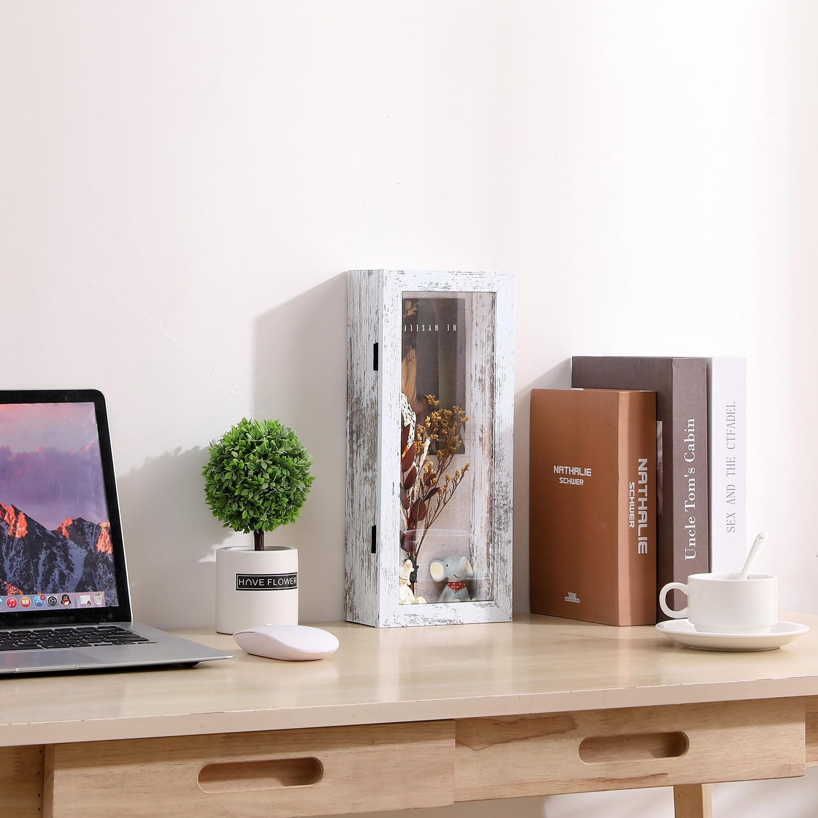 Muzilife 12.5x5 Shadow Box Picture Frame - 2.16" Interior Deep Wood & Glass Display Case Ready to Hang Memory Box Baby Sports Memorabilia, Wedding, Tickets, and Photos, Rustic White