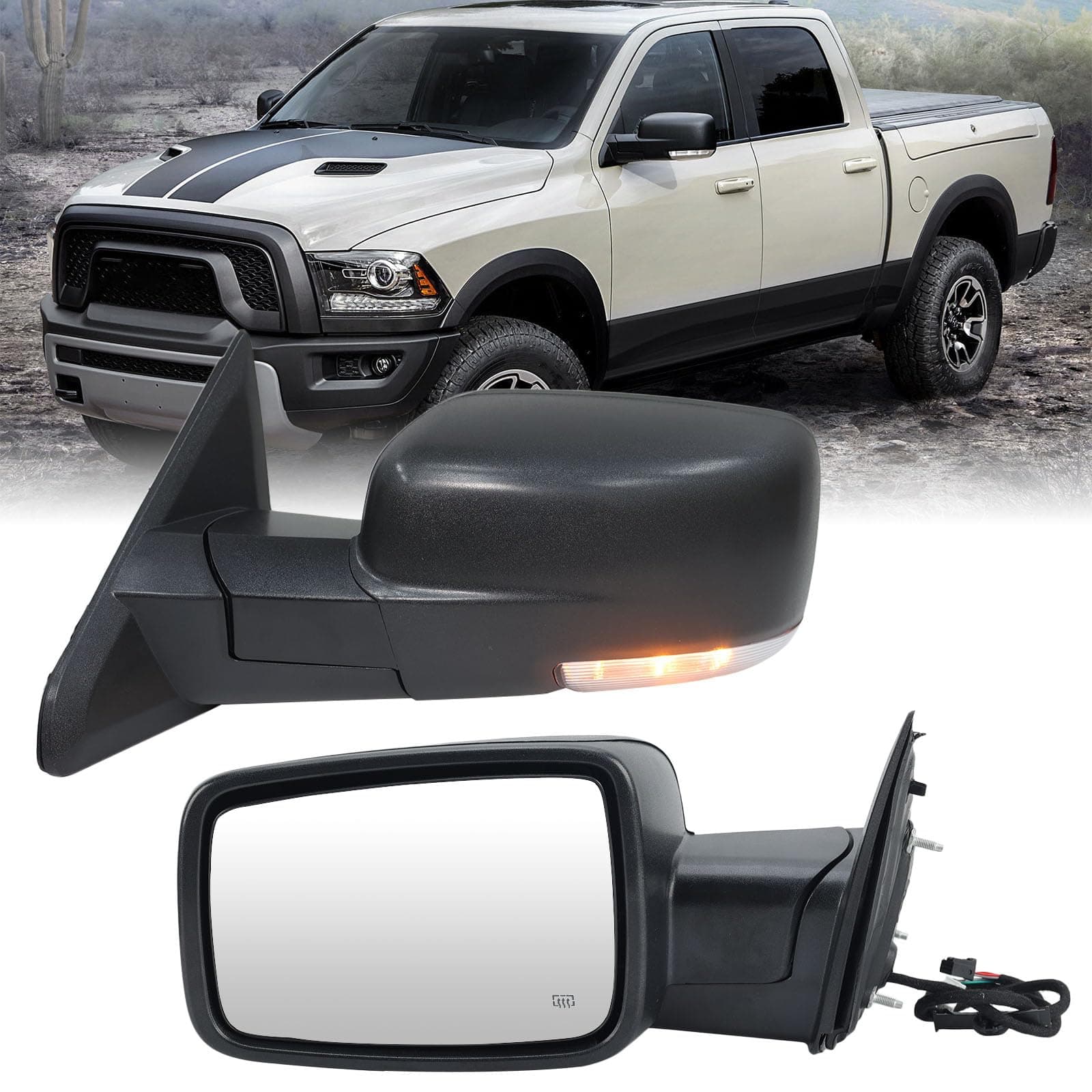 Driver Side Mirror Compatible with 2009-2018 Dodge Ram 1500 2010-2018 Dodge Ram 2500 3500 4500 Mirror with Manual Fold Heated Temper Sensor Turn Signal Light Puddle Light Black(10 Pins)