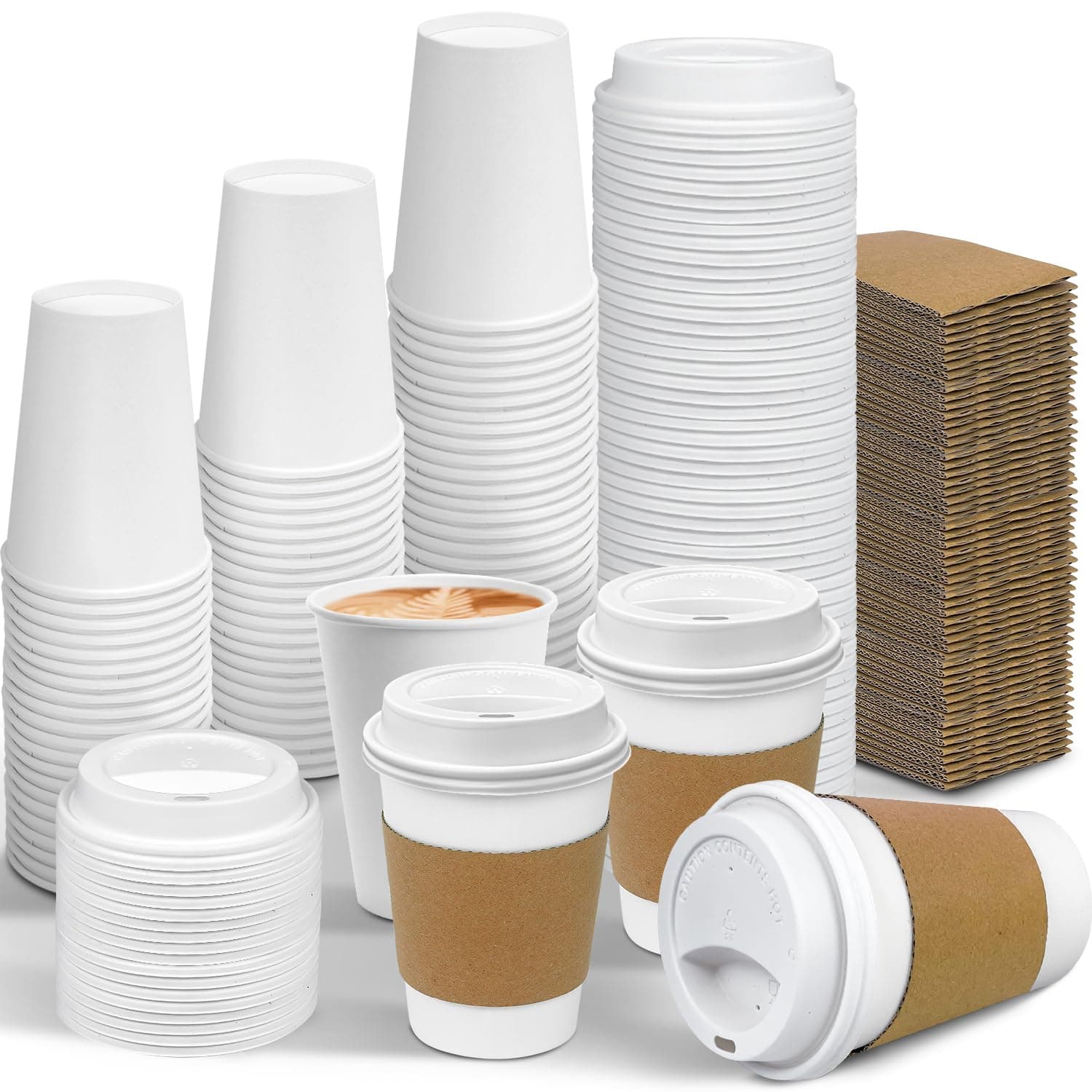 Ginkgo 100 Pack 12 oz Leak-Proof Coffee Cups with Lids and Sleeves Disposable To Go Hot Travel Paper Cups, Hot Chocolate, Cocoa, Tea, Coffee Bar Accessories