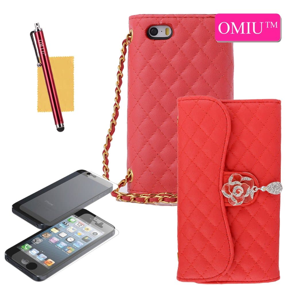 iPhone 5S Case ,iPhone 5 Case ,OMIU(TM)Deluxe Superior Soft Grid PU Leather Lady Style Handbag Clutch Wallet Crystal Camellia Pendant Pattern Case Cover with Credit Card Slots For Apple iPhone 5 5G 5S(Red),Sent Screen Protector+Stylus+Cleaning Cloth