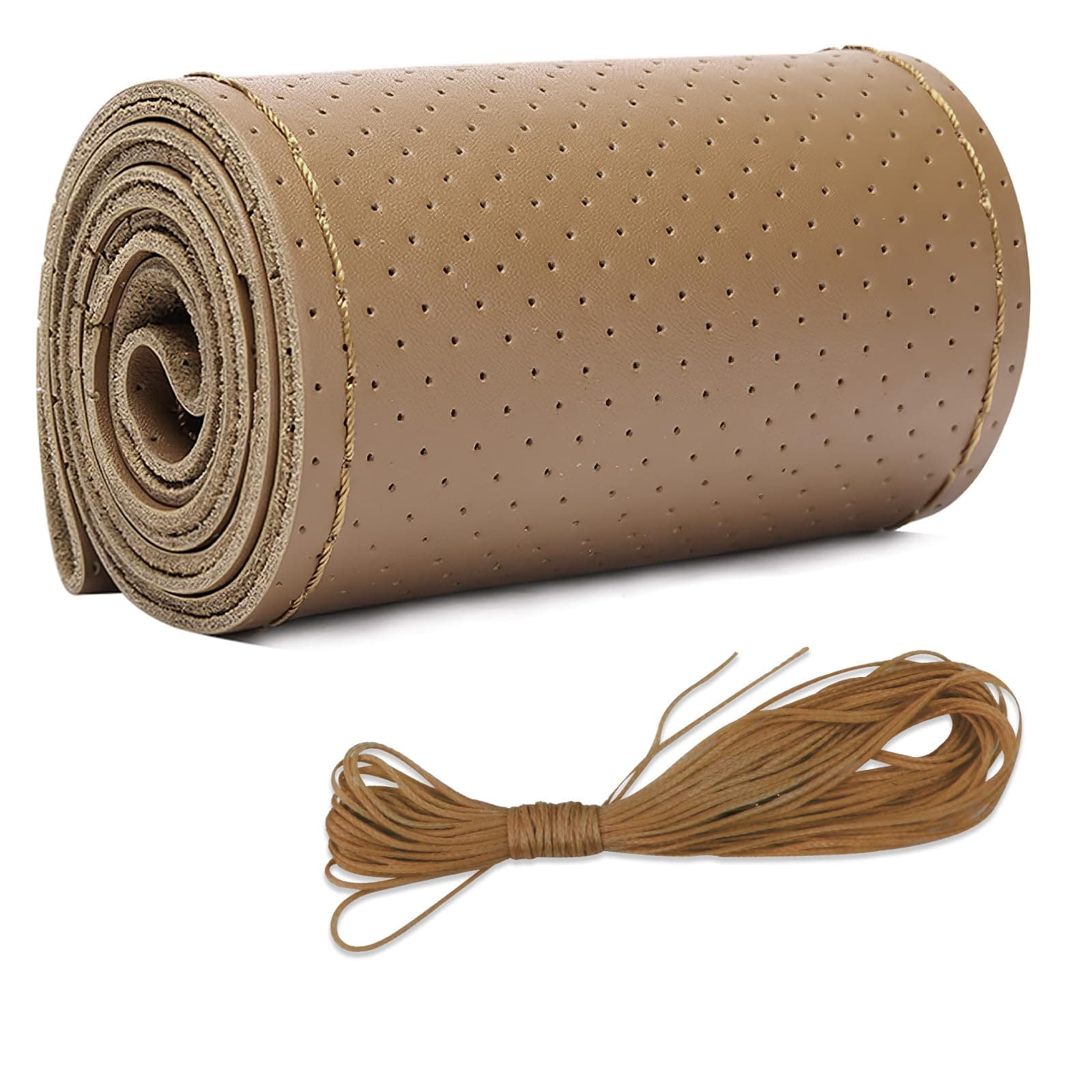 Leather Steering Wheel Cover, DIY Sewing with Needle & Thread, Breathable Anti-Slip Car Steering Wheel Protector, Universal 15 Inch Auto Steering Wheel Stitch on Wrap(Brown, Full Hole)