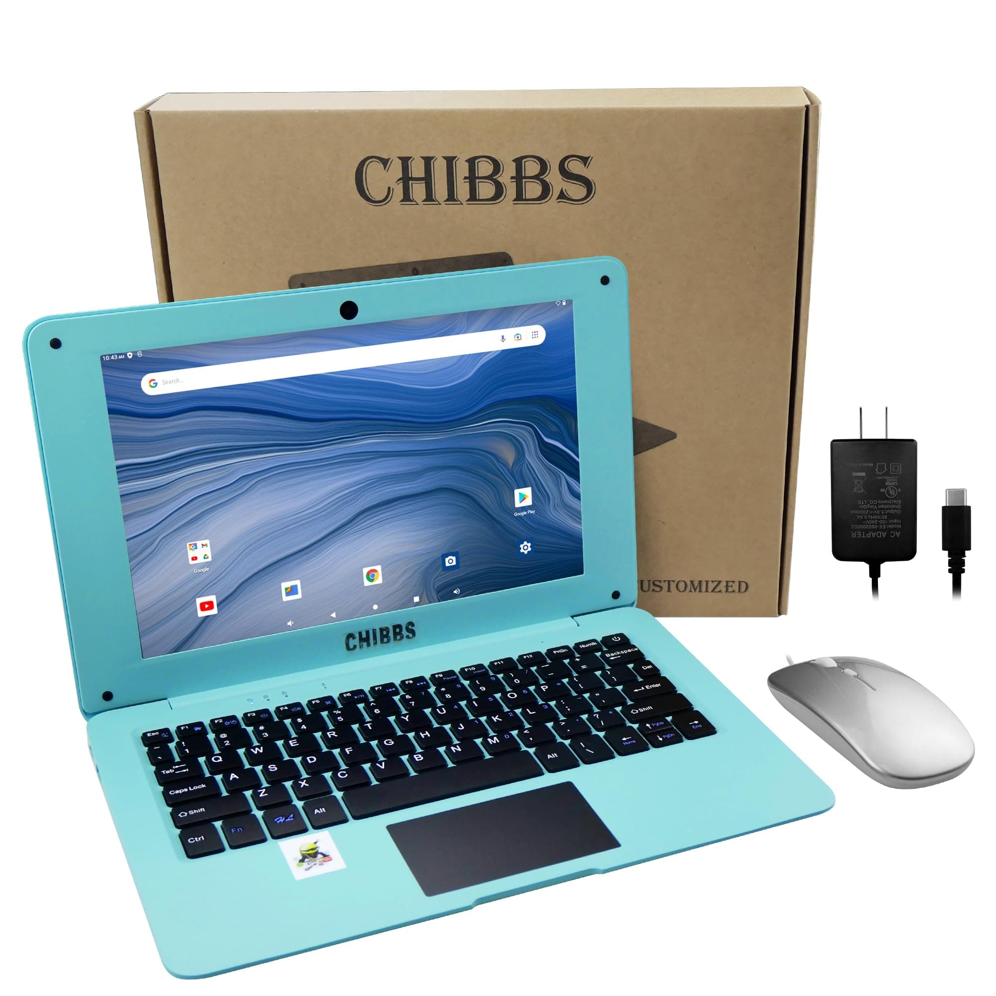 CHIBBS Laptop Computer- 10.1" Inch Kids Laptop Computer Powered by Android 12.0 -Quad Core Processor- 2+64gb ROM-Camera- Bluetooth- 2*USB- WiFi- Blue