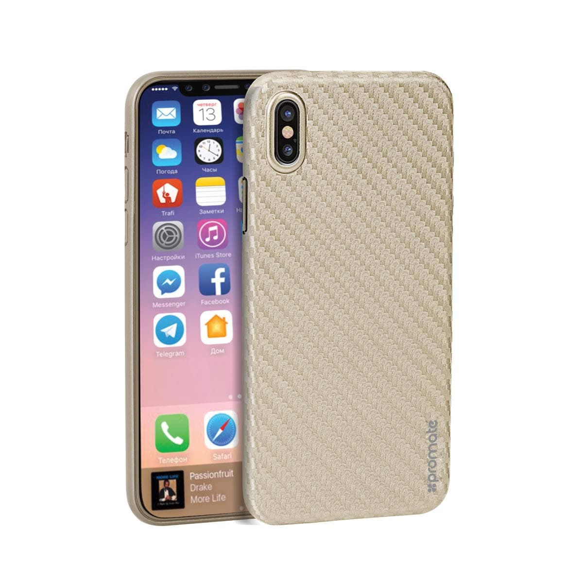 Promate iPhone X Case Cover, Carbon Fiber Pattern Premium Quality Slim Case Fit with Protective Shockproof and Drop Protection for Apple iPhone X/iPhone 10, Carbon-X Gold