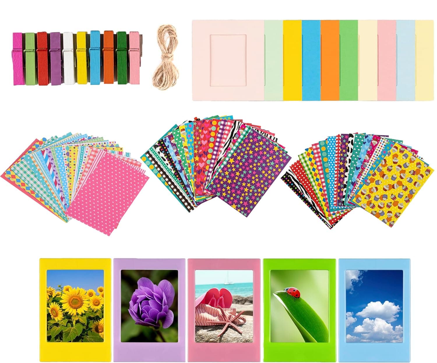 Colorful Bundle Kit Accessories for Fujifilm Instax Mini 8/9/11/12 Camera - Assorted Accessory Pack of Sticker Frames, Plastic Desk Frames, Hanging Clips with String
