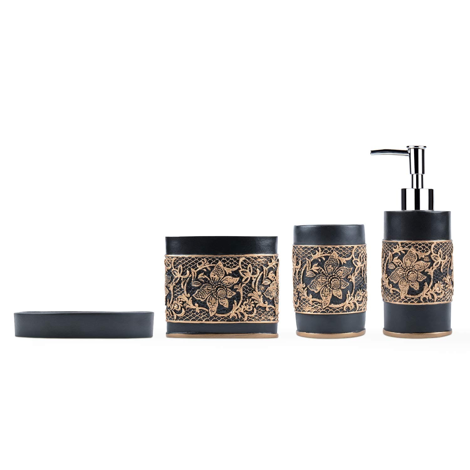 Ceramic Bathroom Accessories Set Grey - Including 4 Piece Bathroom Accessories Set Soap Dispenser, Toothbrush Holder, Tumbler, Soap Dish (Noble Black)