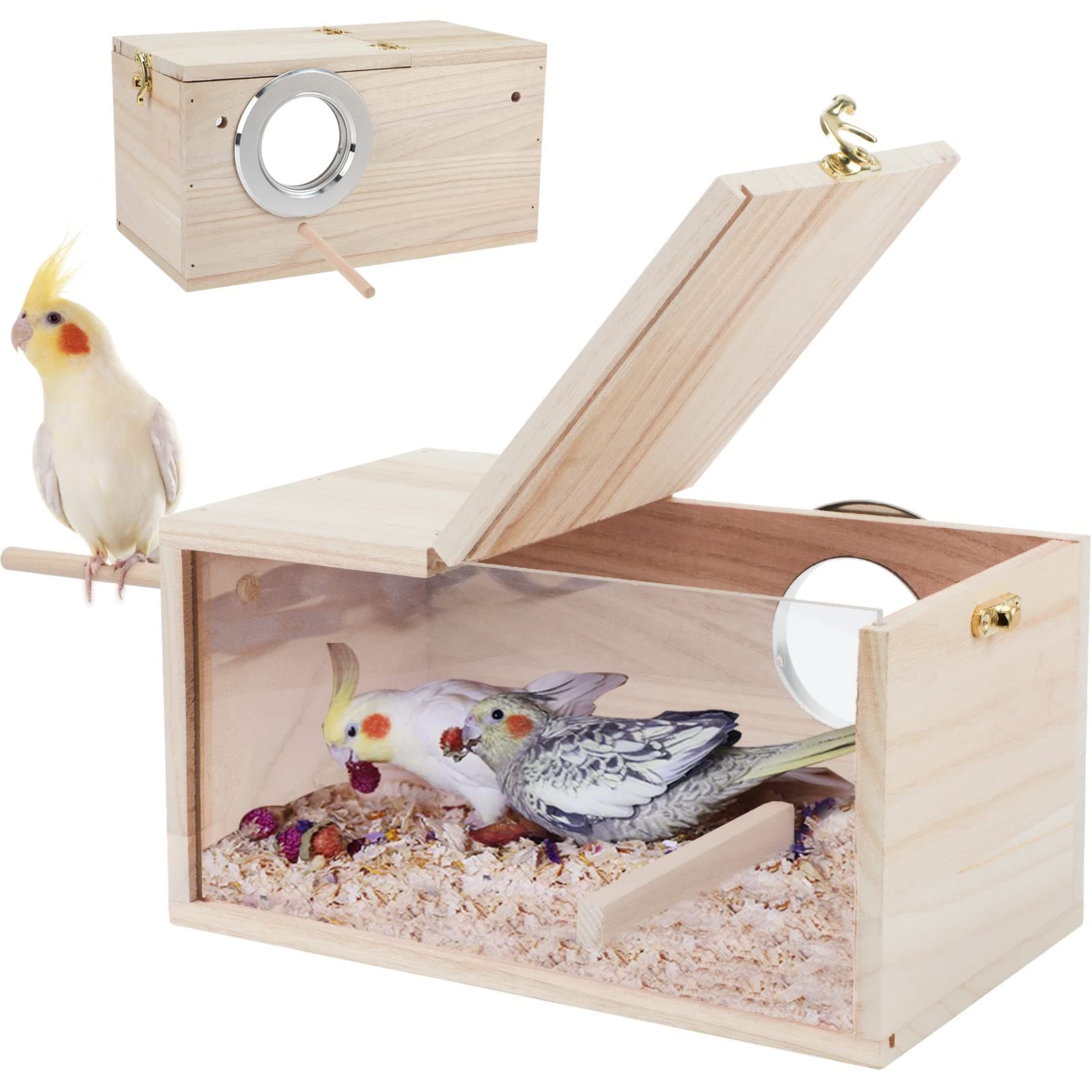 Rypet Parakeet Nesting Box Transparent Design, Thwartwise Bird Nest Breeding Box with Perch Wood Bird Cage House for Cockatiel Lovebirds Budgie Finch Parrotlets Canary L