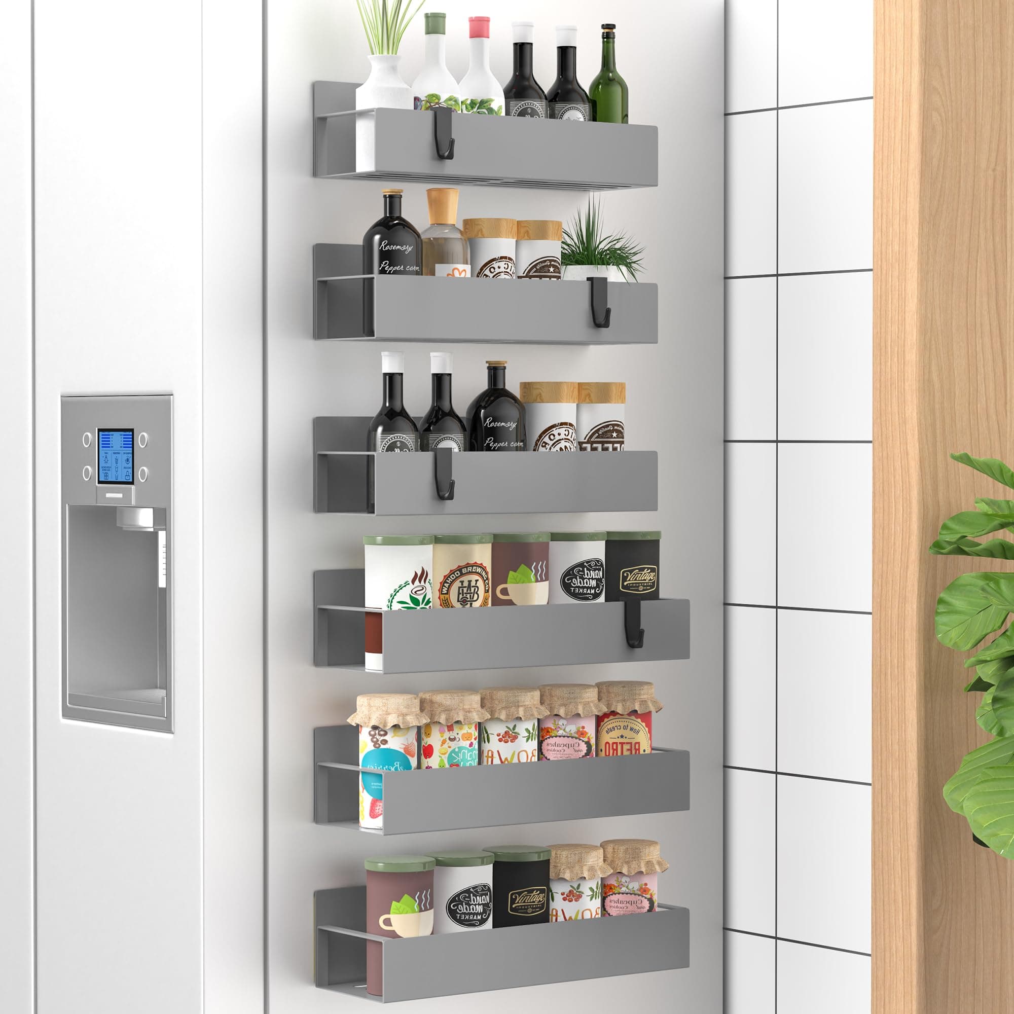 6 Pack Magnetic Spice Storage Rack Organizer for Refrigerator and Oven, Gray Fridge Organizers and Storage
