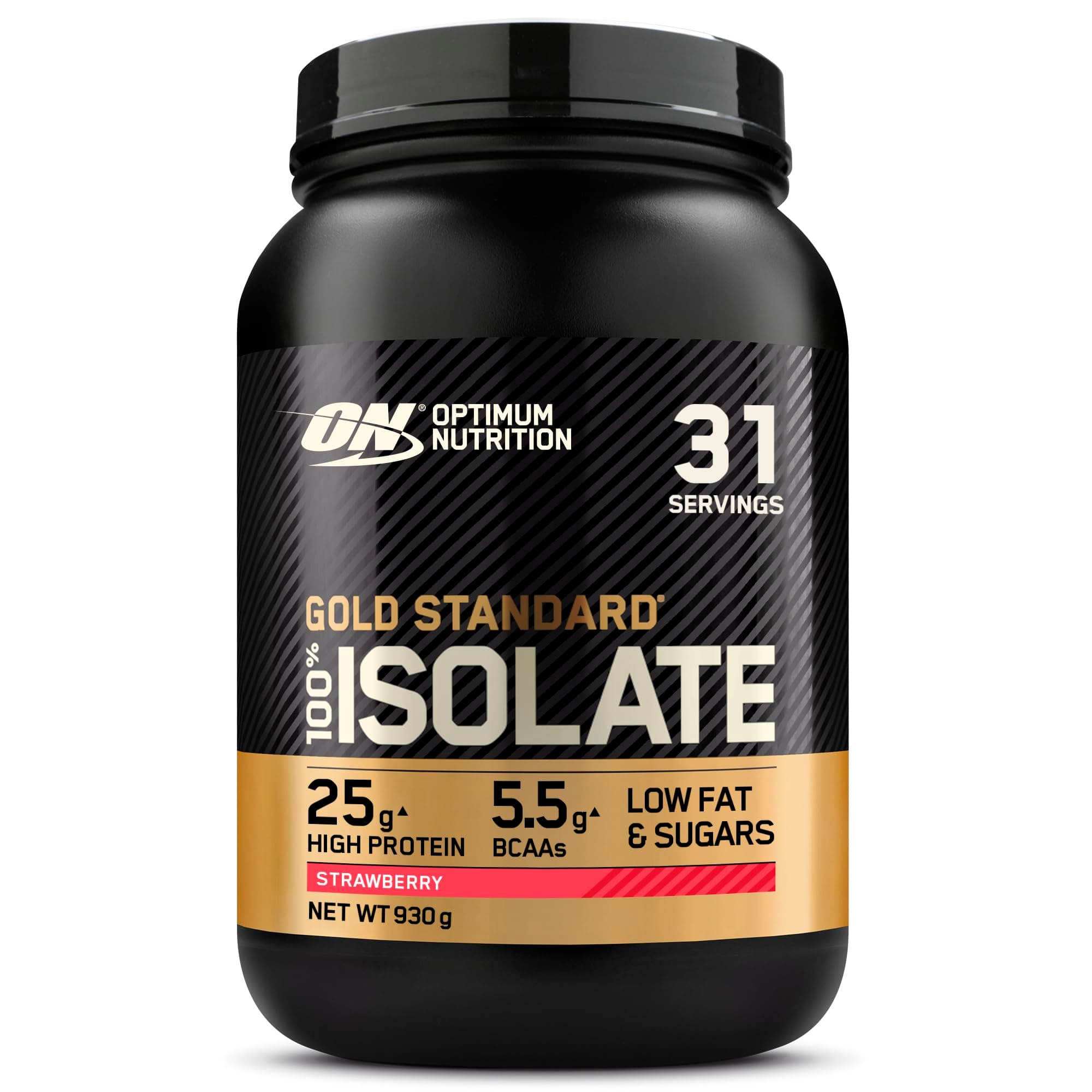 ON Gold Standard 100% Isolate Pure Whey Protein, Naturally Occurring BCAAs and Glutamine, Pre and Post Workout, Strawberry Flavour, 31 Servings, 930 g