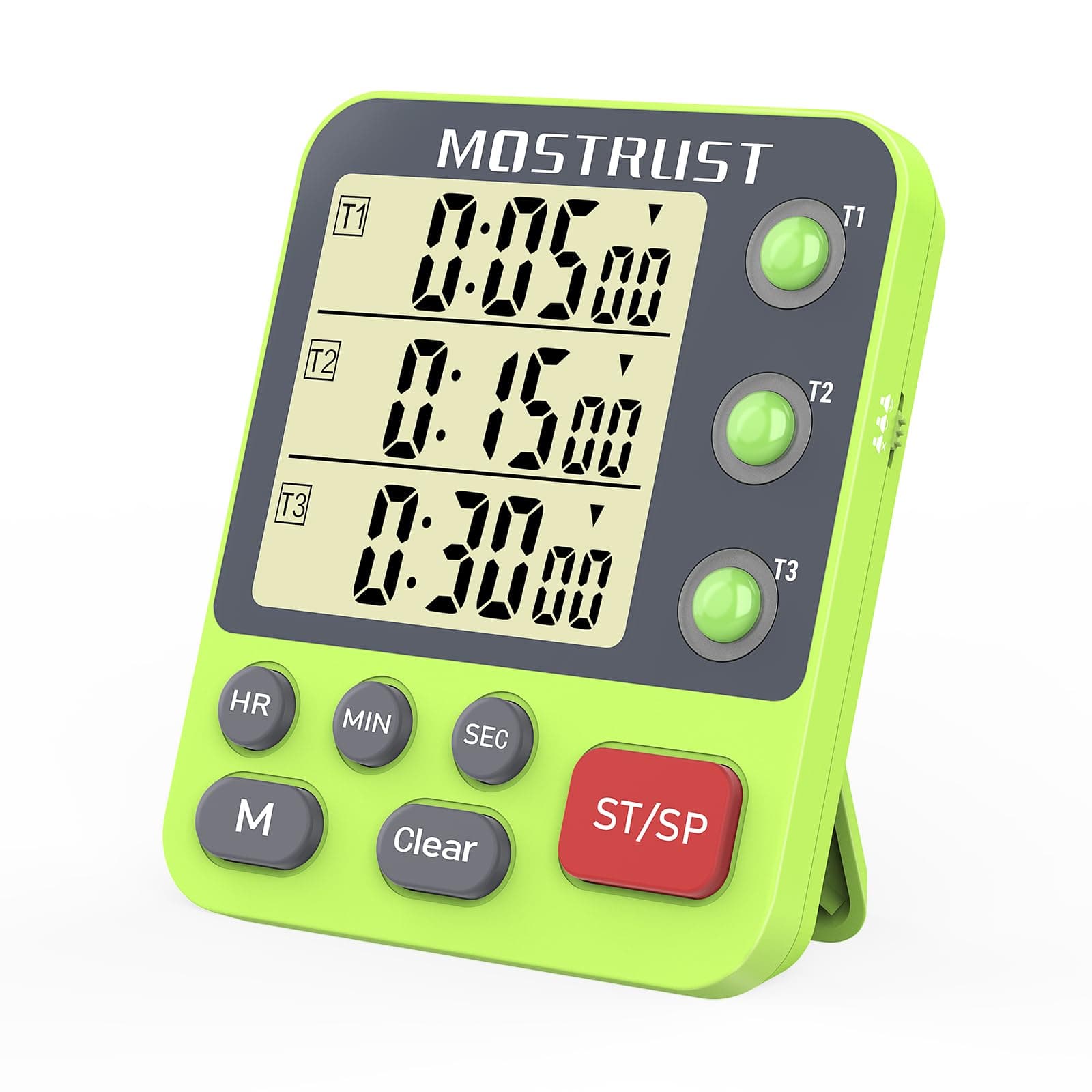 Digital Dual Kitchen Timer, 3 Channels Countdown Triple Timer for Cooking, Magnetic Memory-Preset Large-Display Adjustable Alarm Volume, Multi Times Management, 3A Battery Included, Green