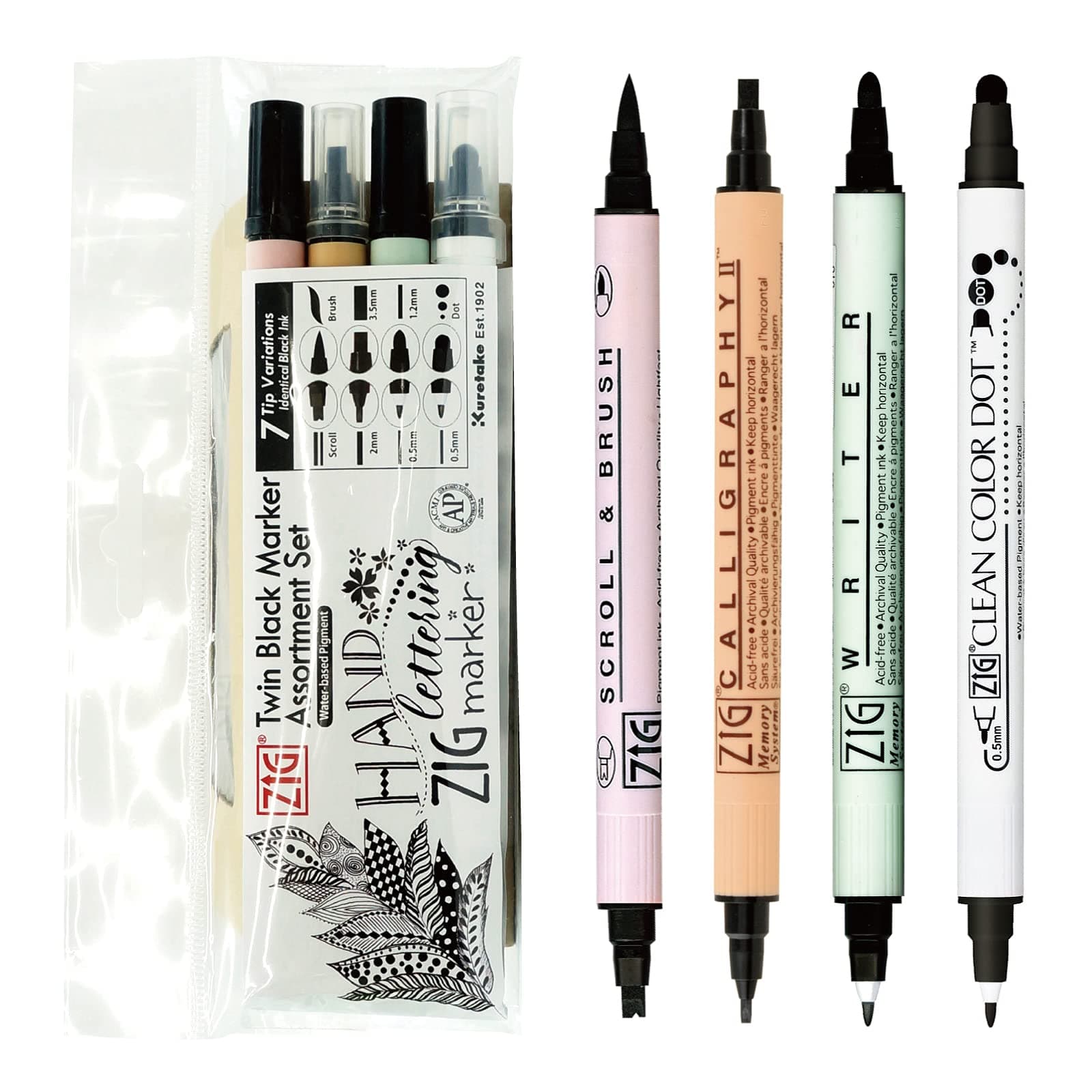 ZIG Twin Marker BLACK 4 Assortment set for Hand Lettering, Calligraphy Art, Illustration, Journaling, Cartooning, AP- Certificated, Made in Japan
