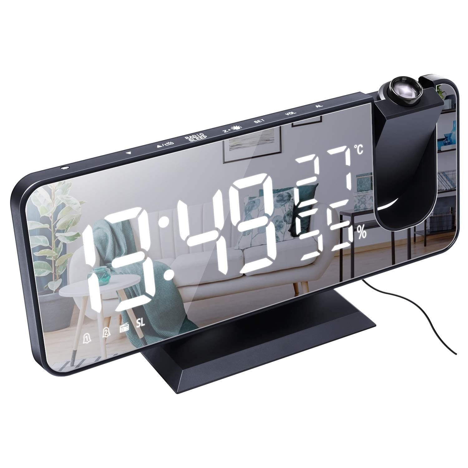 ThreeH Projection Alarm Clock for Bedroom Large 7.4'' LED Mirror Display & 4 Dimmer Radio Alarm Clock with USB Charging 180° Rotable 2 Sounds Black-White H-AC52Black-White