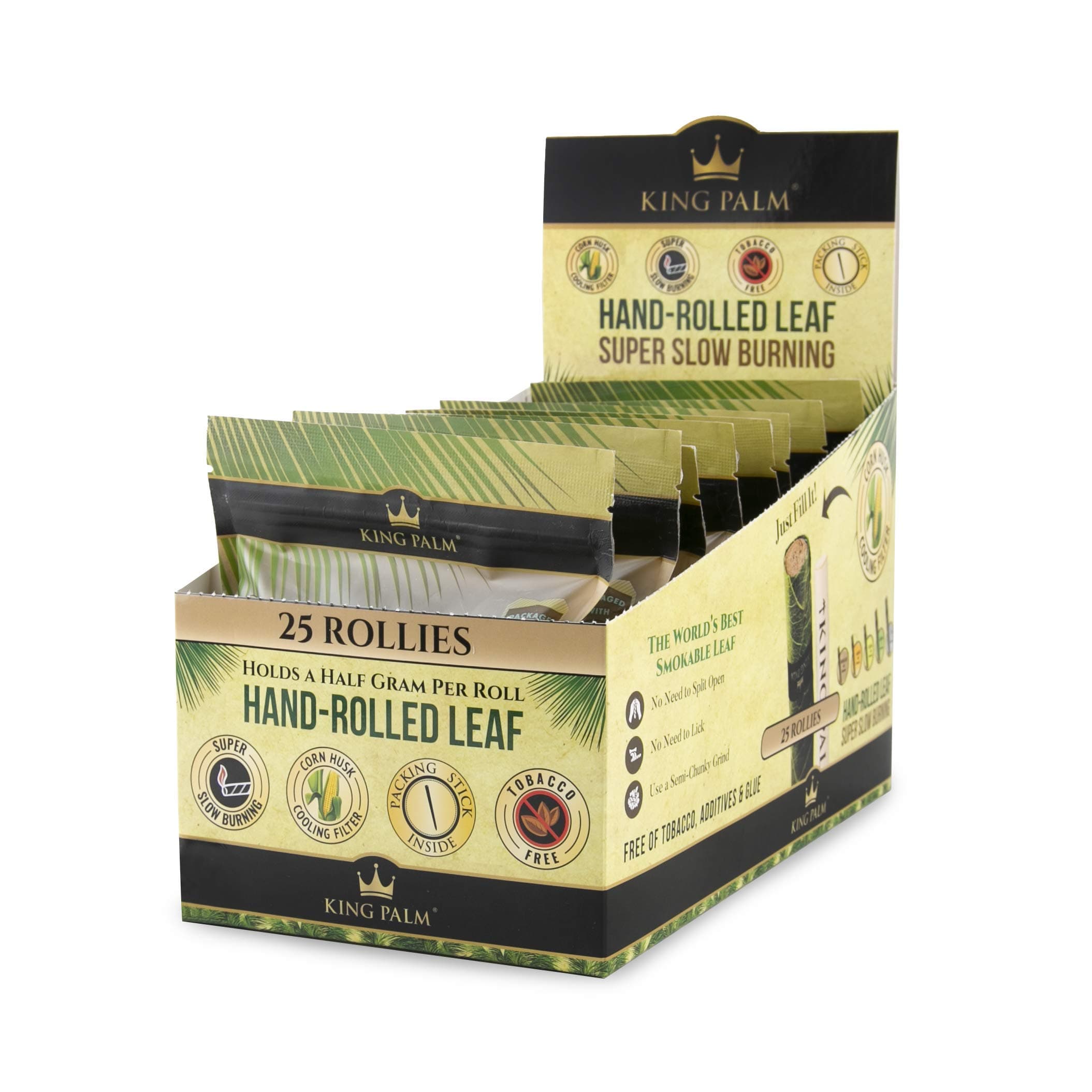 King Palm Rollies Size Natural Pre Wrap Palm Leafs - Pre Rolled Cones With Corn Husk Filter - All Natural Preroll Display