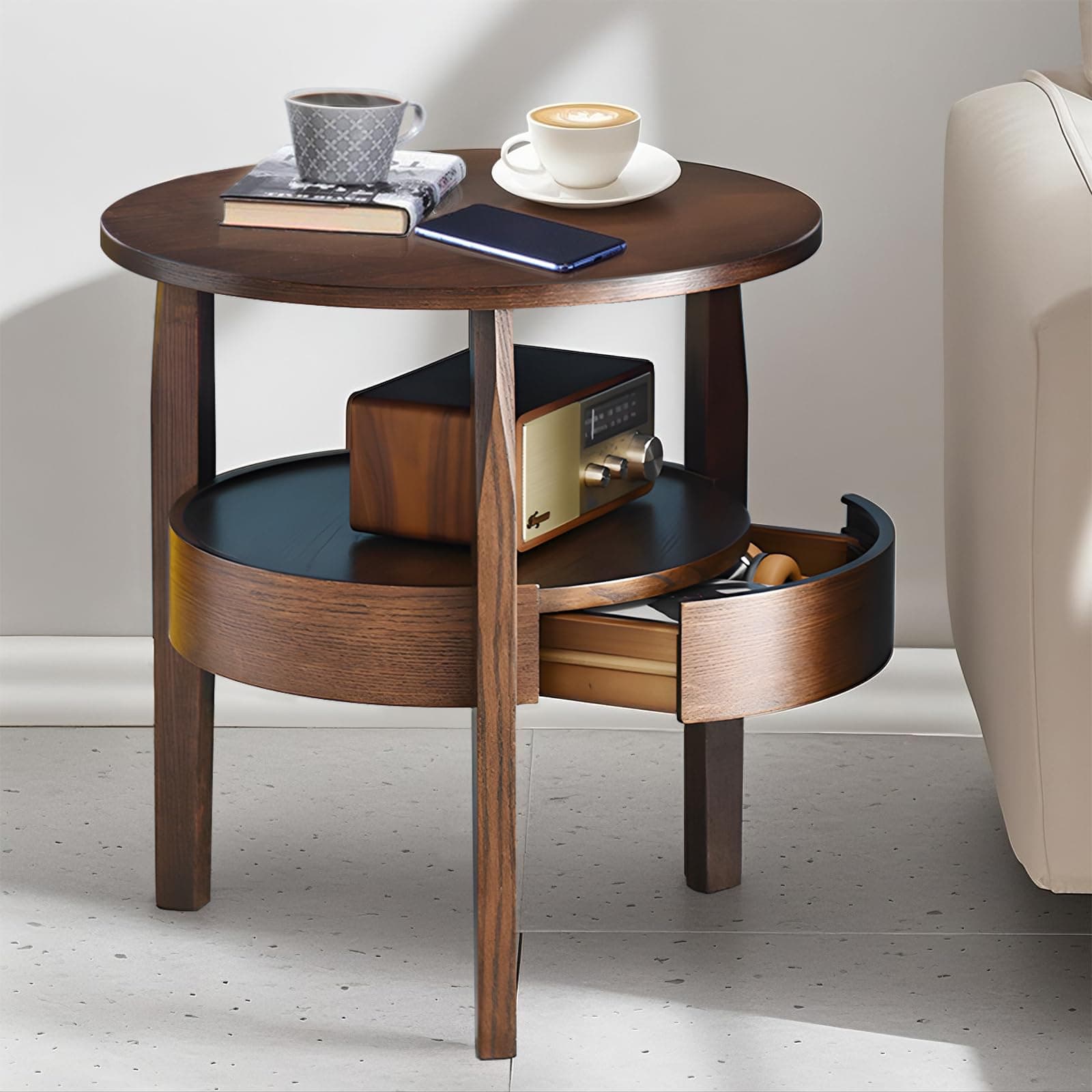 Round Coffee Table with Hidden Drawer - 20" D x 20" H Natural Wood Side Table with Drawer, 2-Tier Rustic Retro End Table with Storage, Small Coffee Table for Living Room, Dark Brown