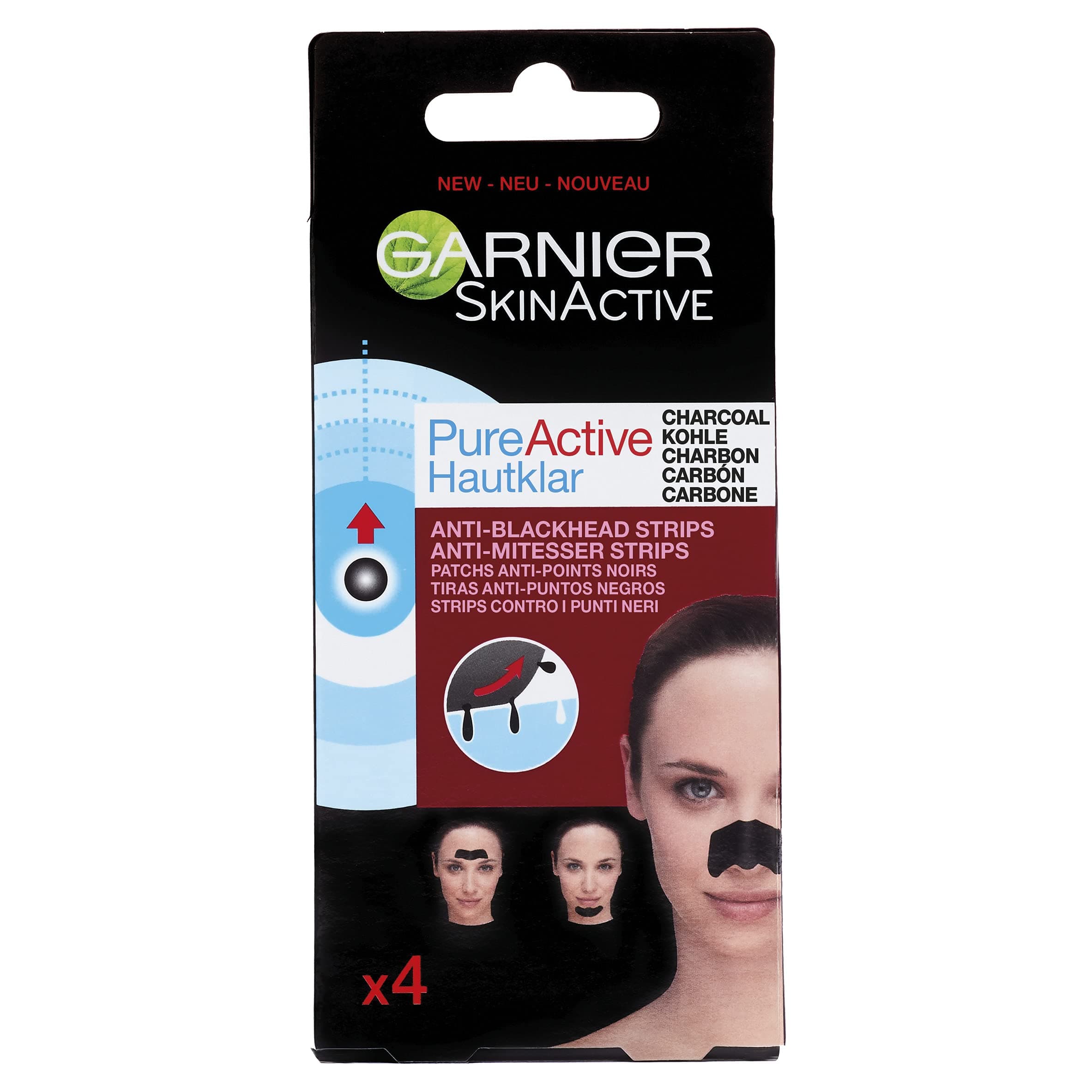 Garnier Pure Active Anti-Blackhead Charcoal Nose Strips, Pack of 4 Nose Strips, Remove Blackheads, Impurities & Excess Sebum, Use on Nose, Forehead and Chin, Dermatologically Tested